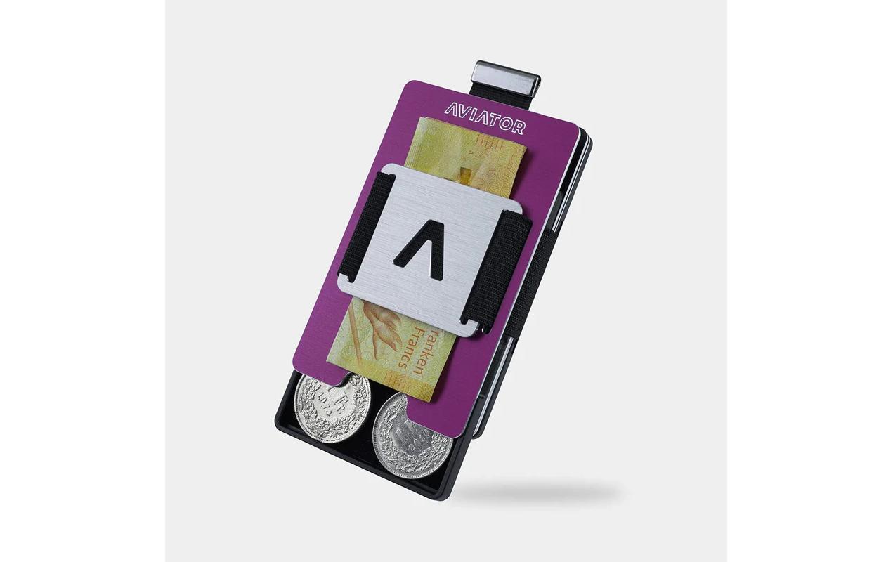 Aviator Kartenetui Wallet SLIDE Metal – RFID-Schutz, Münzfach, Gummizug – Lila – Aluminium