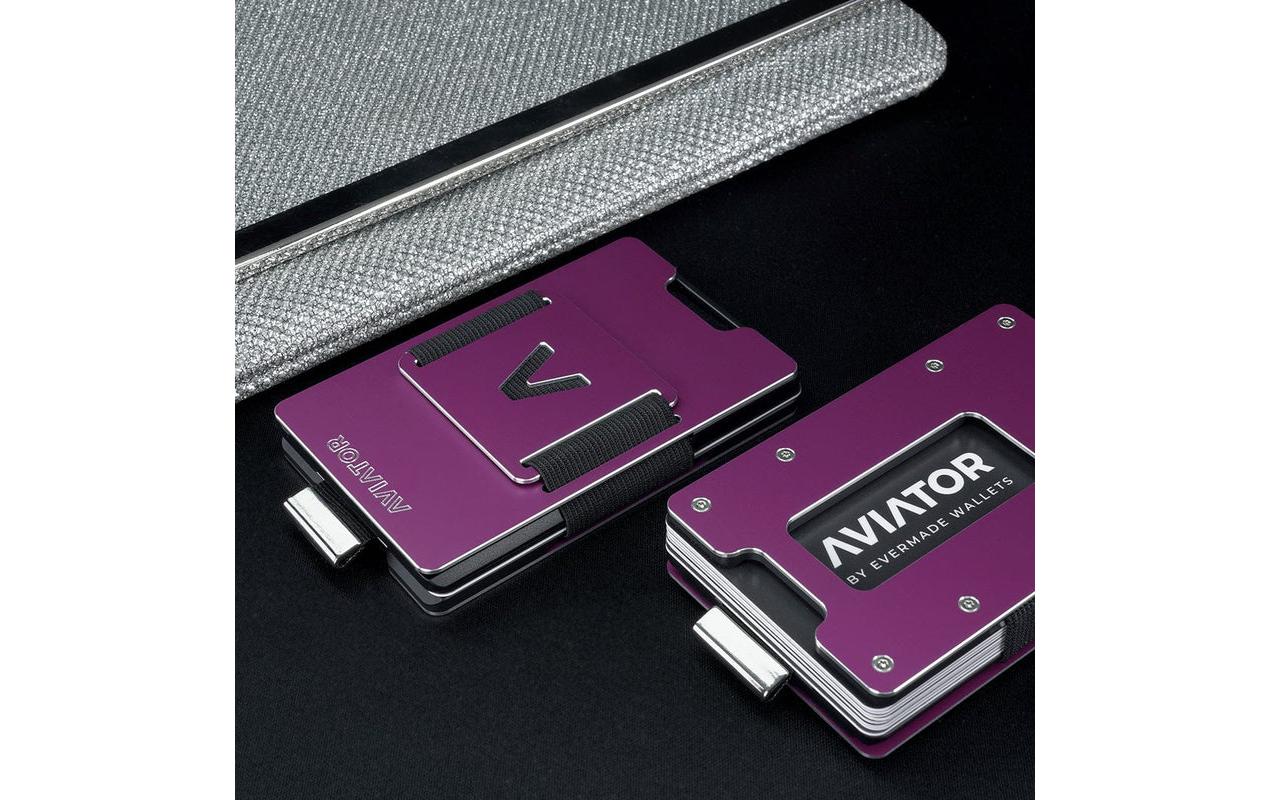 Aviator Kartenetui Wallet SLIDE Metal – RFID-Schutz, Münzfach, Gummizug – Lila – Aluminium