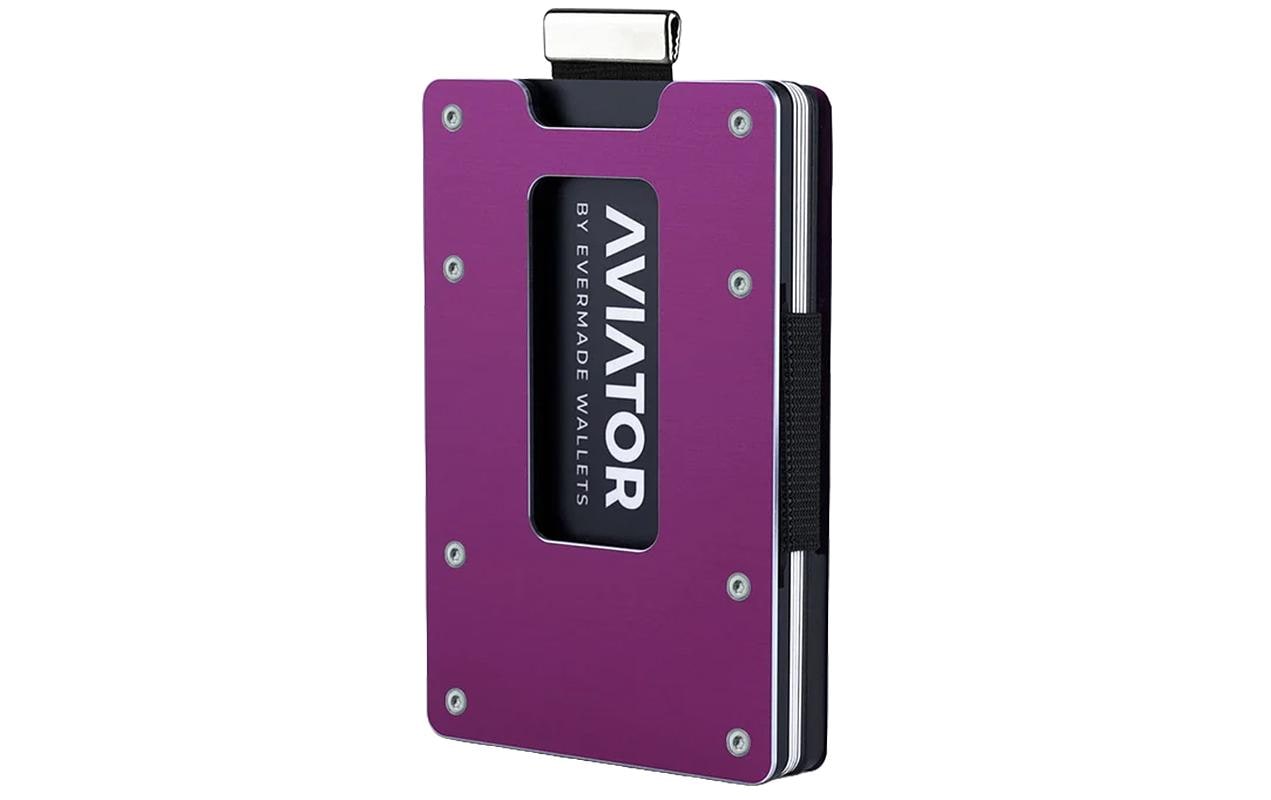 Aviator Kartenetui Wallet SLIDE Metal – RFID-Schutz, Münzfach, Gummizug – Lila – Aluminium