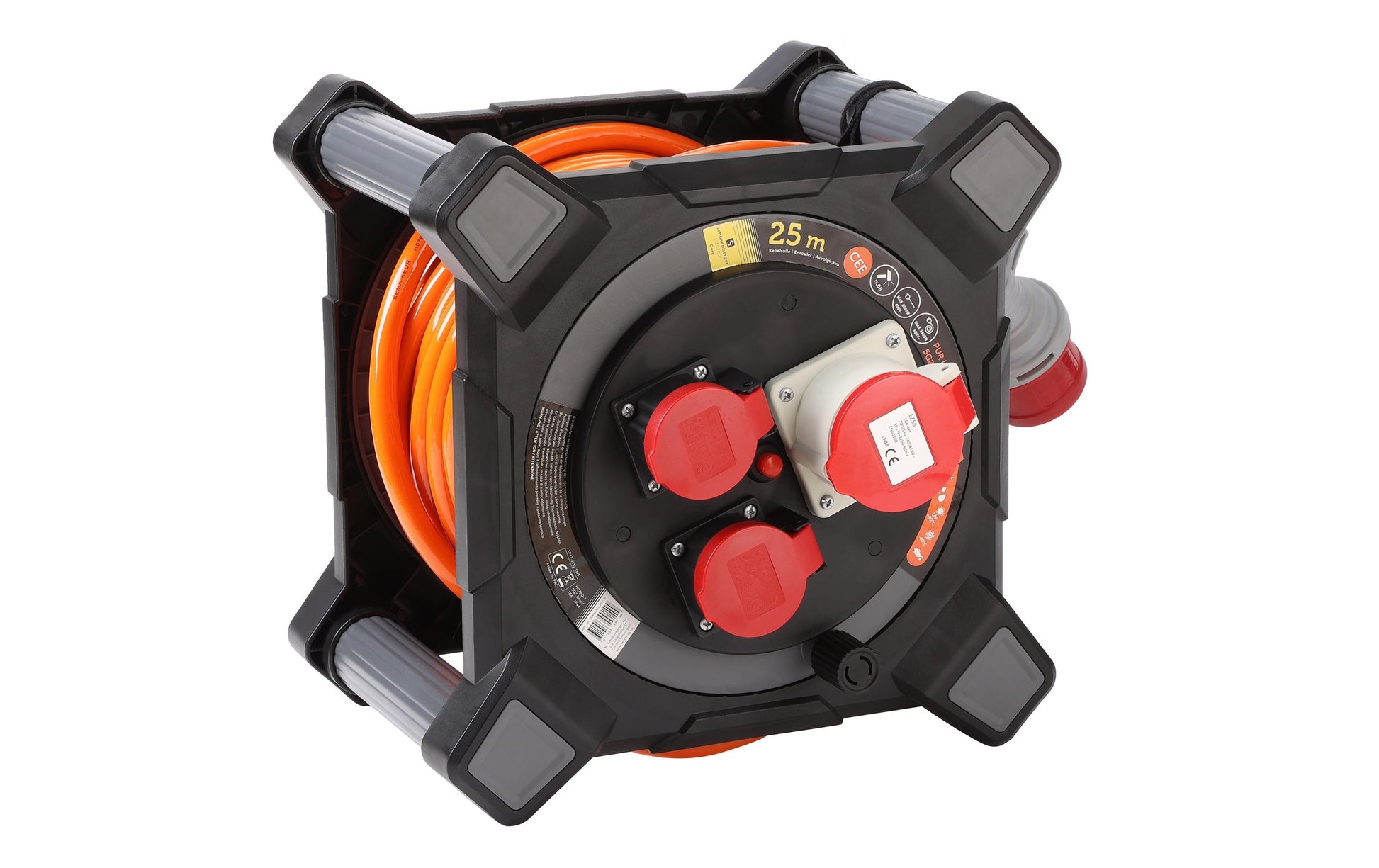M. Schönenberger Kabelrolle, 25 m, 3×T25, Traggriff, Leiterquerschnitt 5,5 mm², Eingang T25 – Grau/Orange