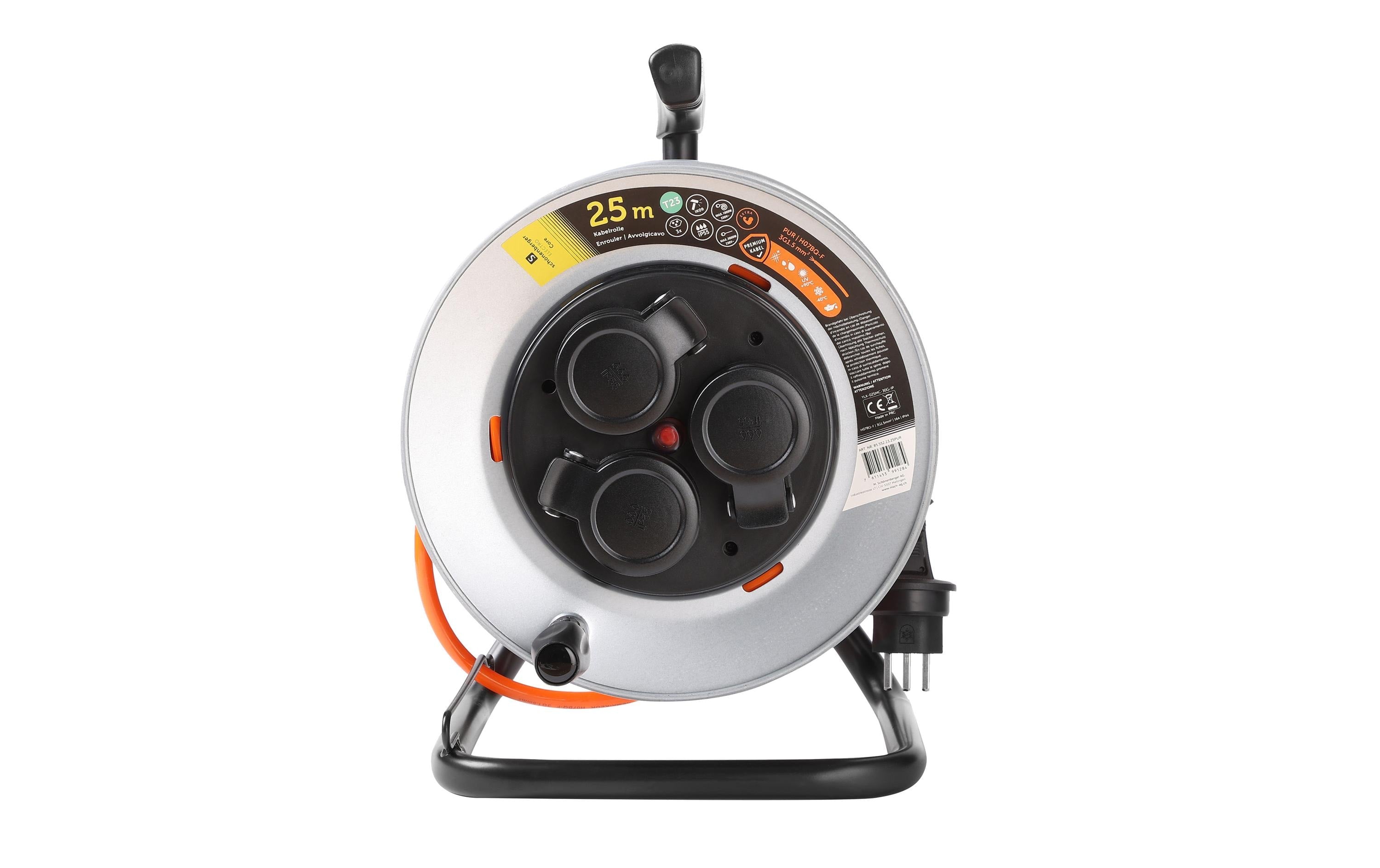 M. Schönenberger Kabelrolle, 25 m, 3×T23, IP55, Traggriff, Eingang T23 – Grau/Orange