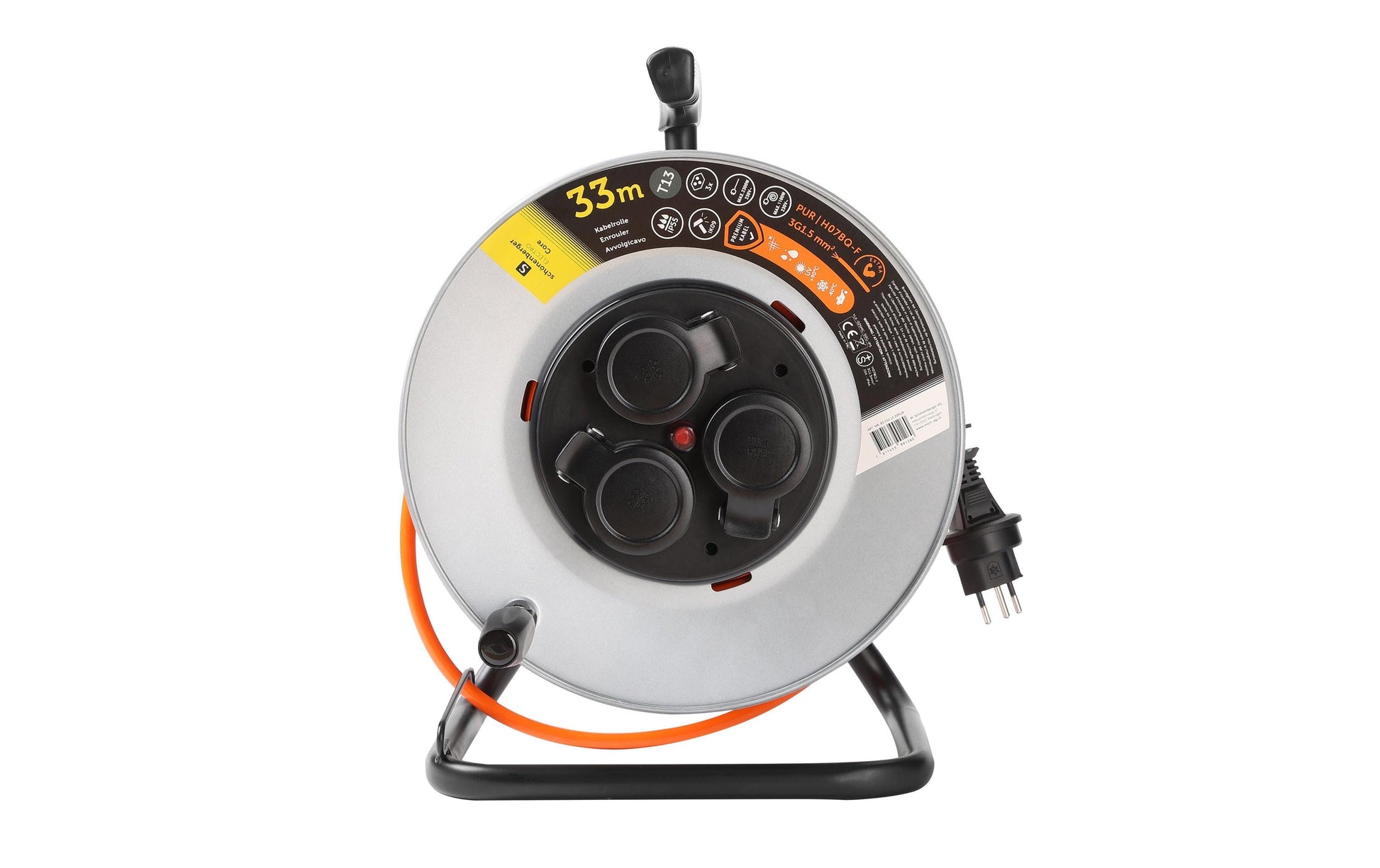 M. Schönenberger Kabelrolle, 33 m, 3×T13, IP55, Traggriff, Eingang T13 – Grau/Orange