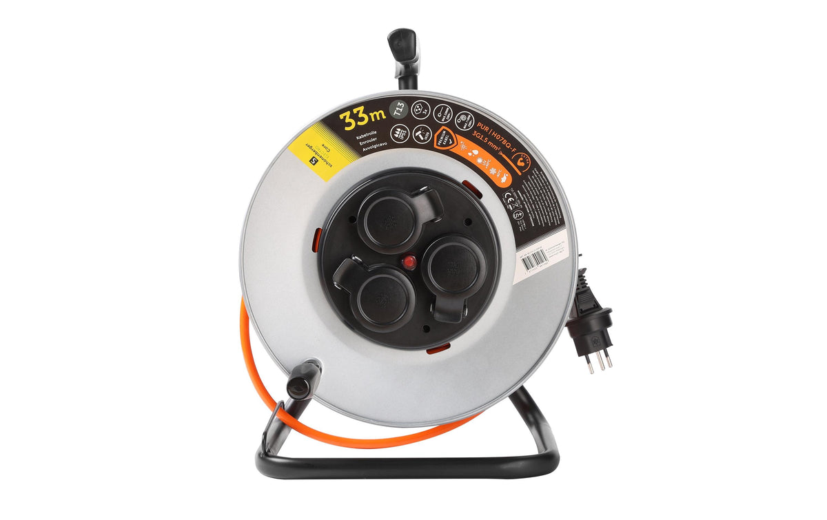 M. Schönenberger Kabelrolle, 33 m, 3×T13, IP55, Traggriff, Eingang T13 – Grau/Orange