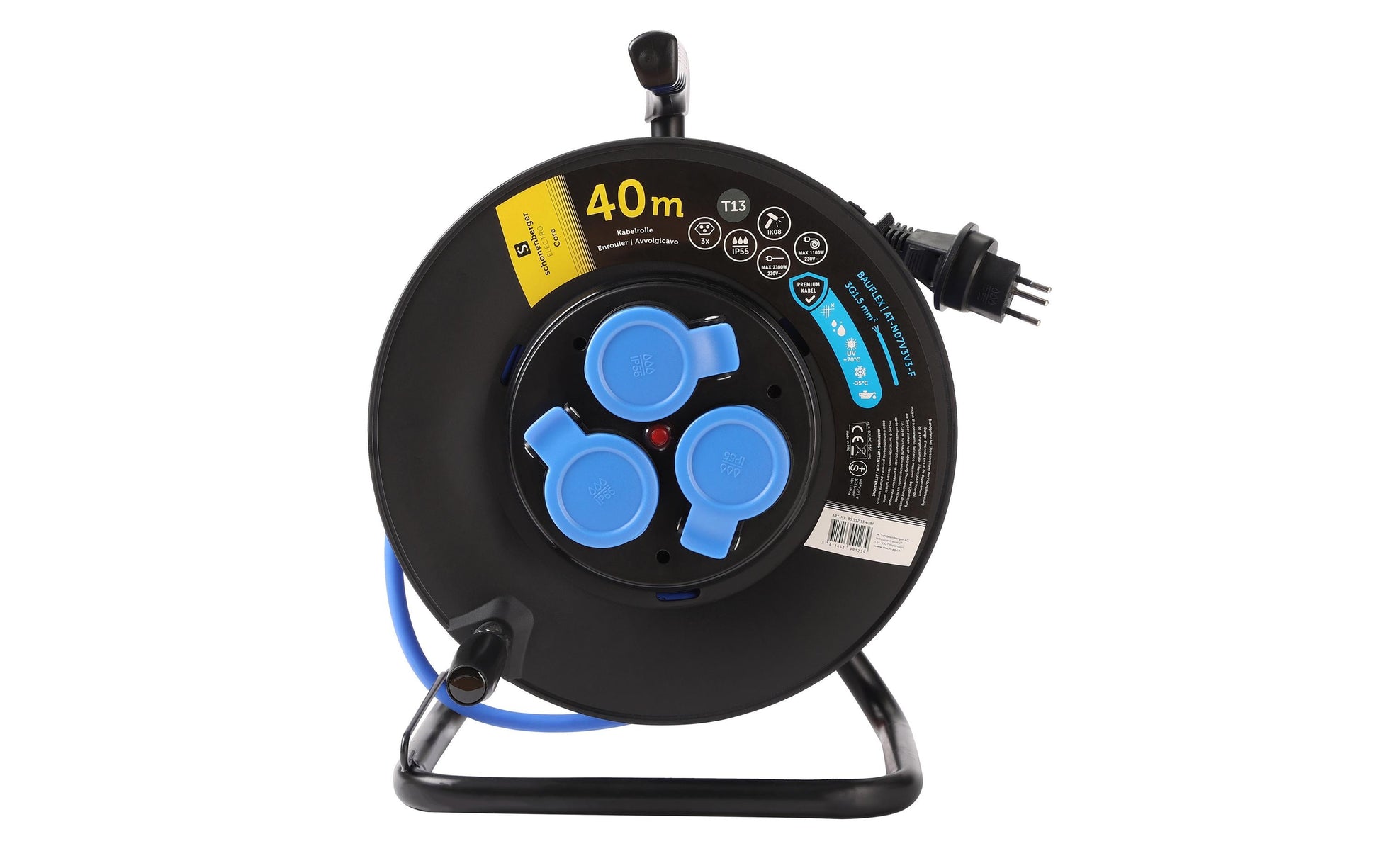 M. Schönenberger BAUFLEX Kabelrolle, 40 m, 3×T13, IP55, Eingang T13 – blau/schwarz