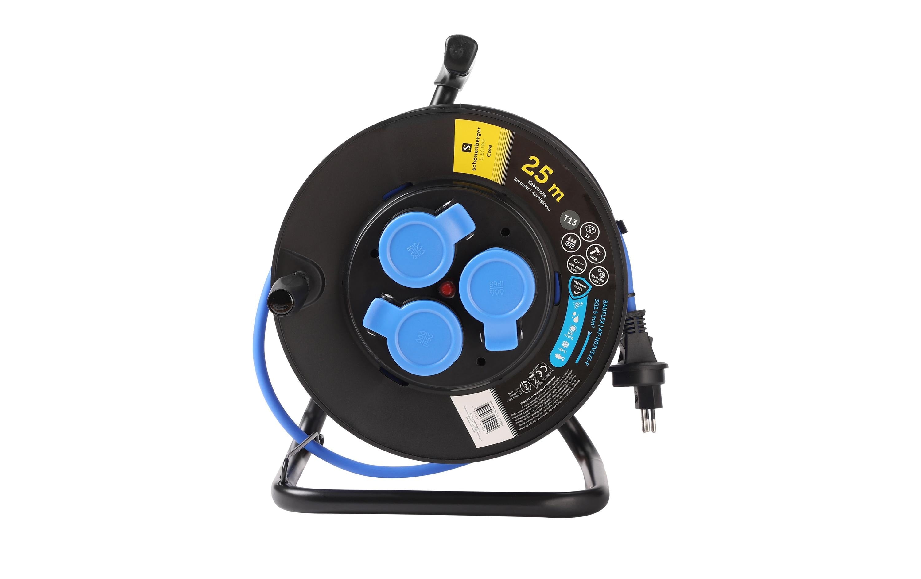 M. Schönenberger Schönenberger BAUFLEX Kabelrolle, 25 m, 3×T13, IP55, Traggriff, 1,5 mm², Eingang T13 – Blau/Schwarz