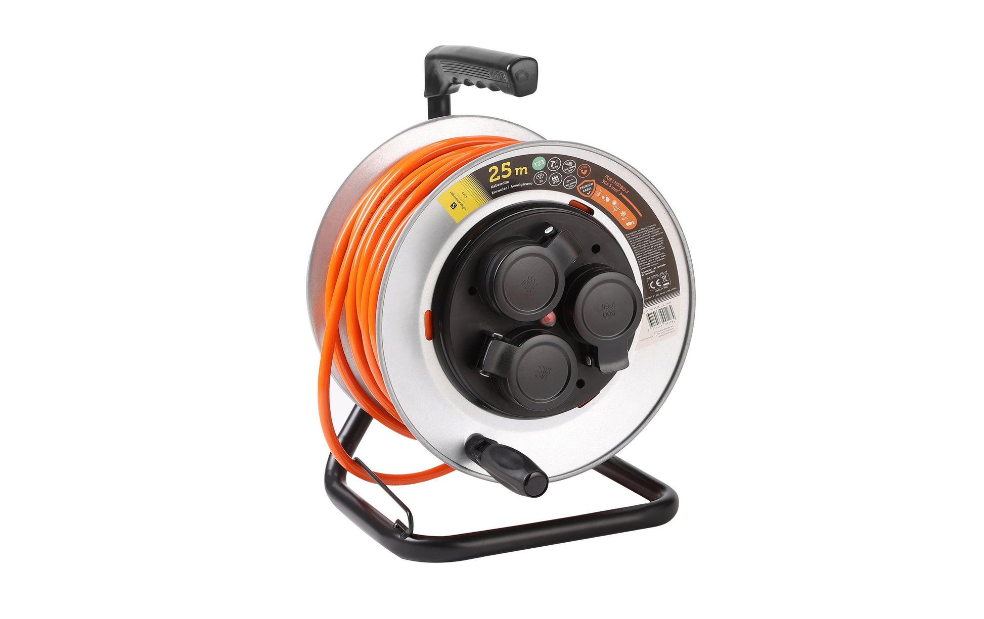 M. Schönenberger Kabelrolle, 25 m, 3×T23, IP55, Traggriff, Eingang T23 – Grau/Orange
