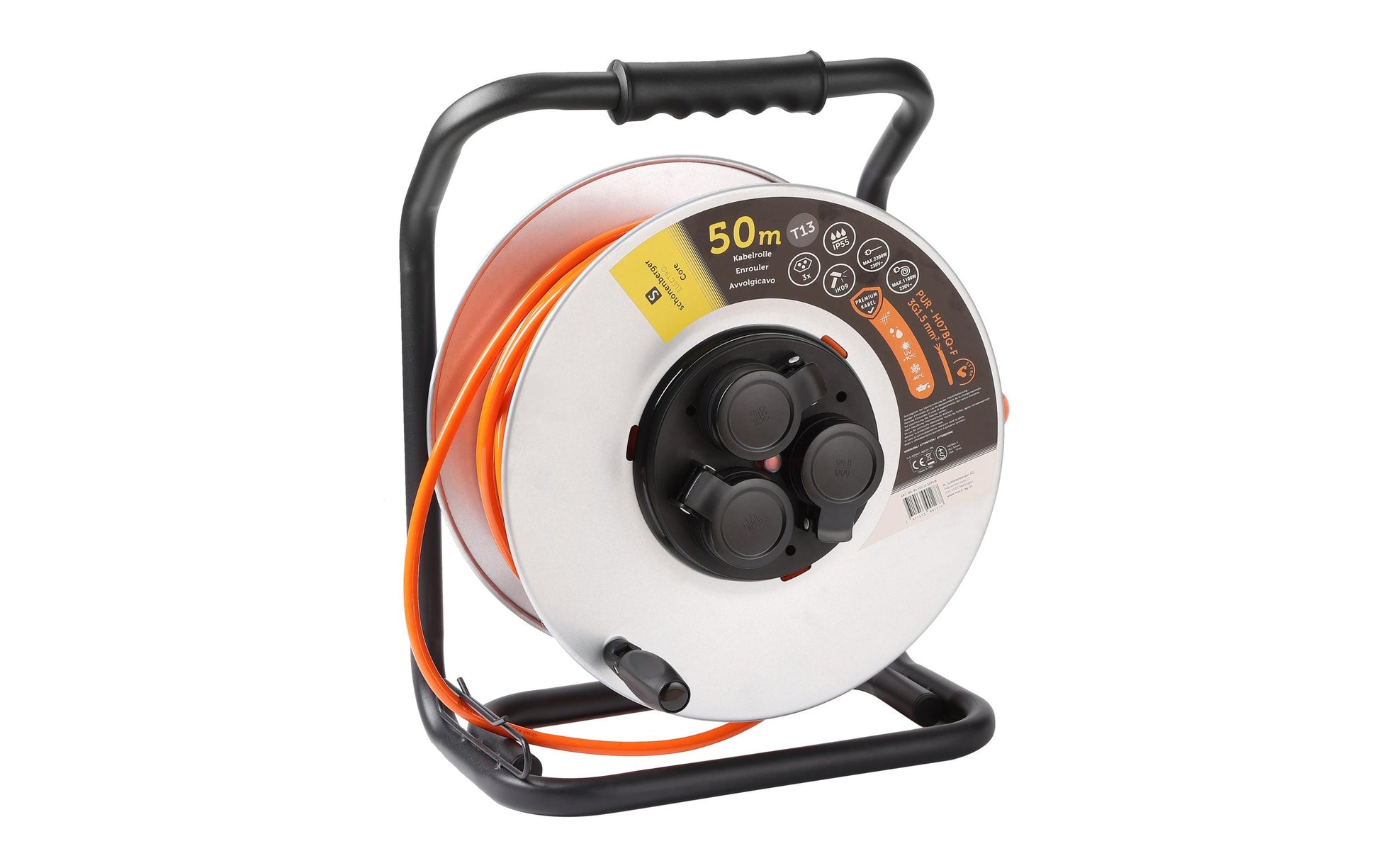 M. Schönenberger Kabelrolle, 50 m, 3×T13, IP55, Traggriff, Eingang T13 – Grau/Orange