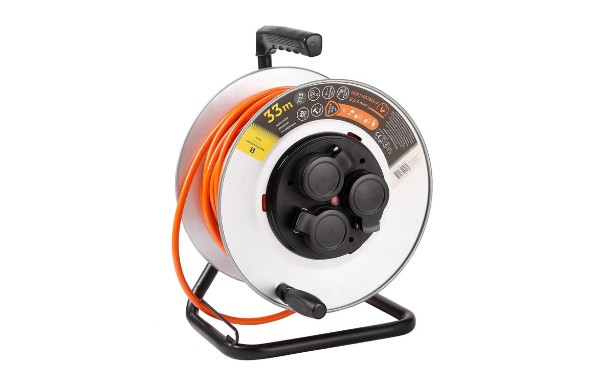 M. Schönenberger Kabelrolle, 33 m, 3×T13, IP55, Traggriff, Eingang T13 – Grau/Orange