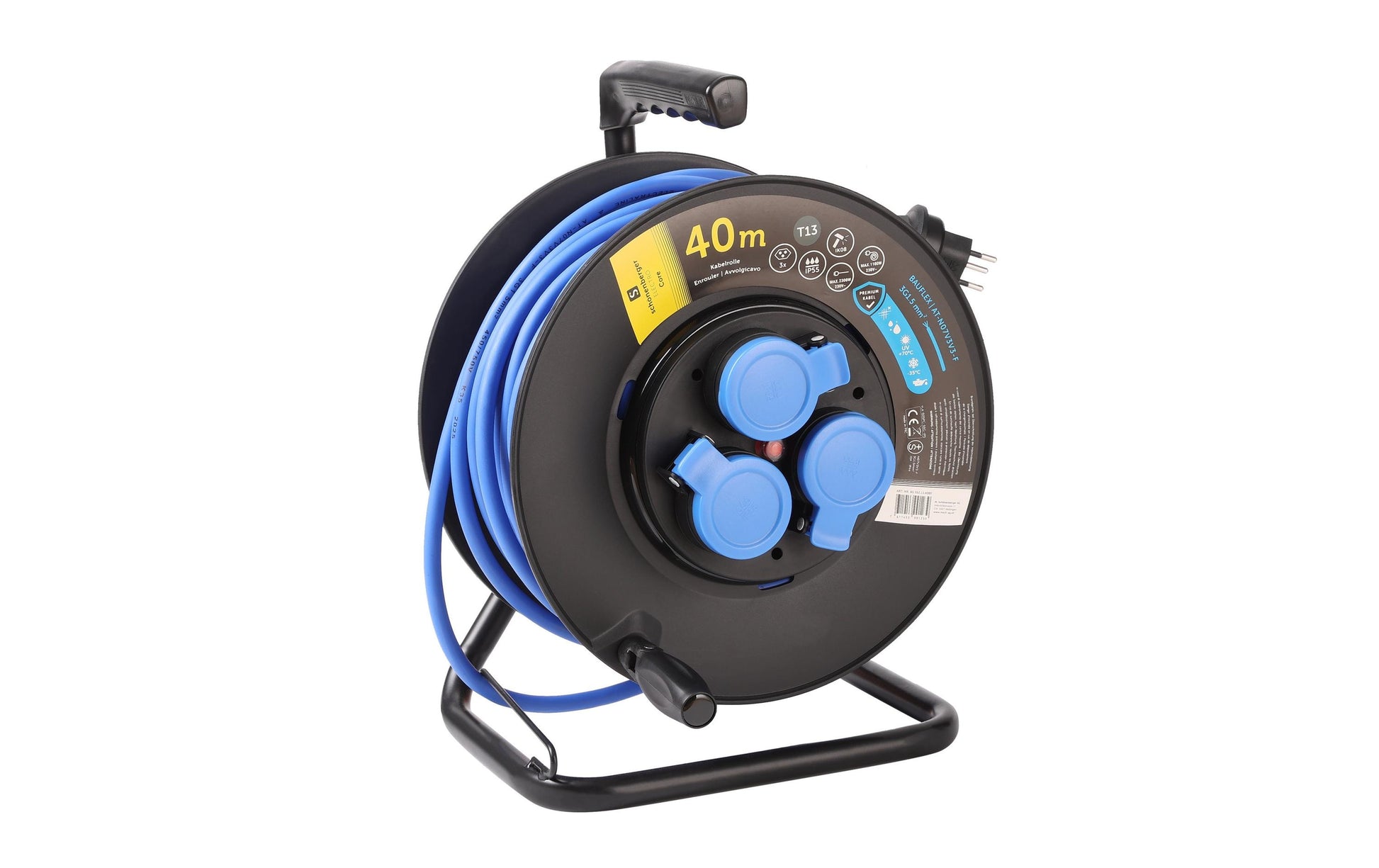 M. Schönenberger BAUFLEX Kabelrolle, 40 m, 3×T13, IP55, Eingang T13 – blau/schwarz