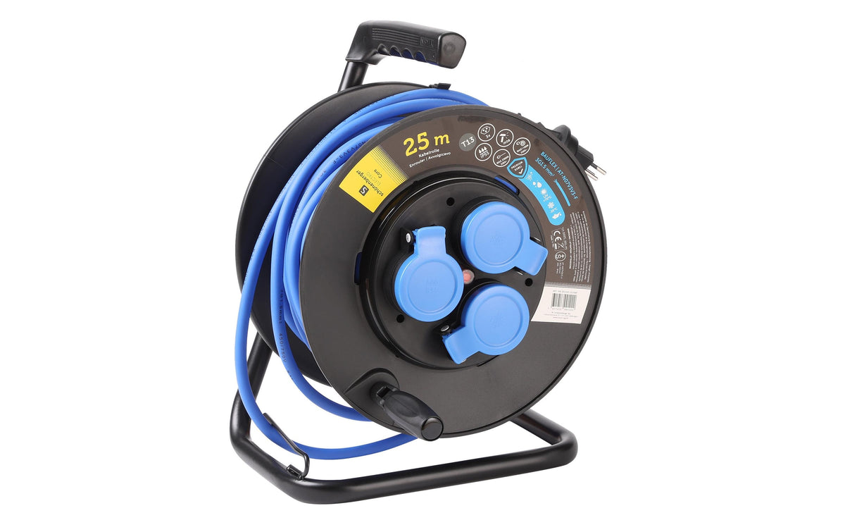 M. Schönenberger Schönenberger BAUFLEX Kabelrolle, 25 m, 3×T13, IP55, Traggriff, 1,5 mm², Eingang T13 – Blau/Schwarz