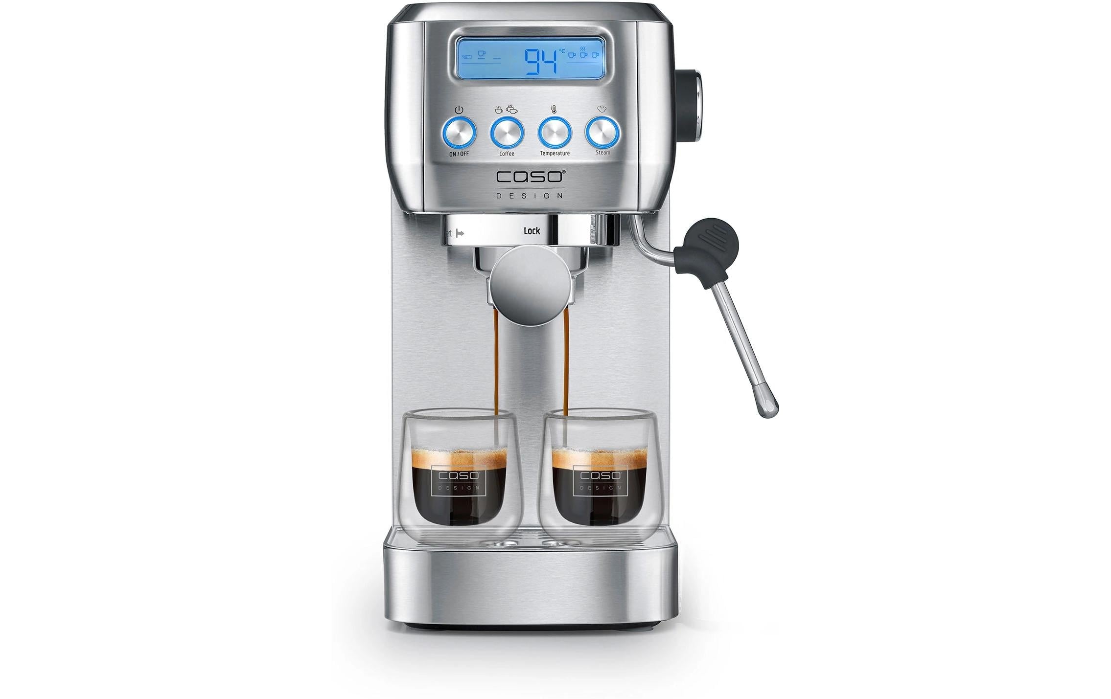 Caso Espressomaschine (Siebträger) – 20 bar, 1,3 l, Milchschaumdüse, Silber, 14,5 × 31 × 32 cm
