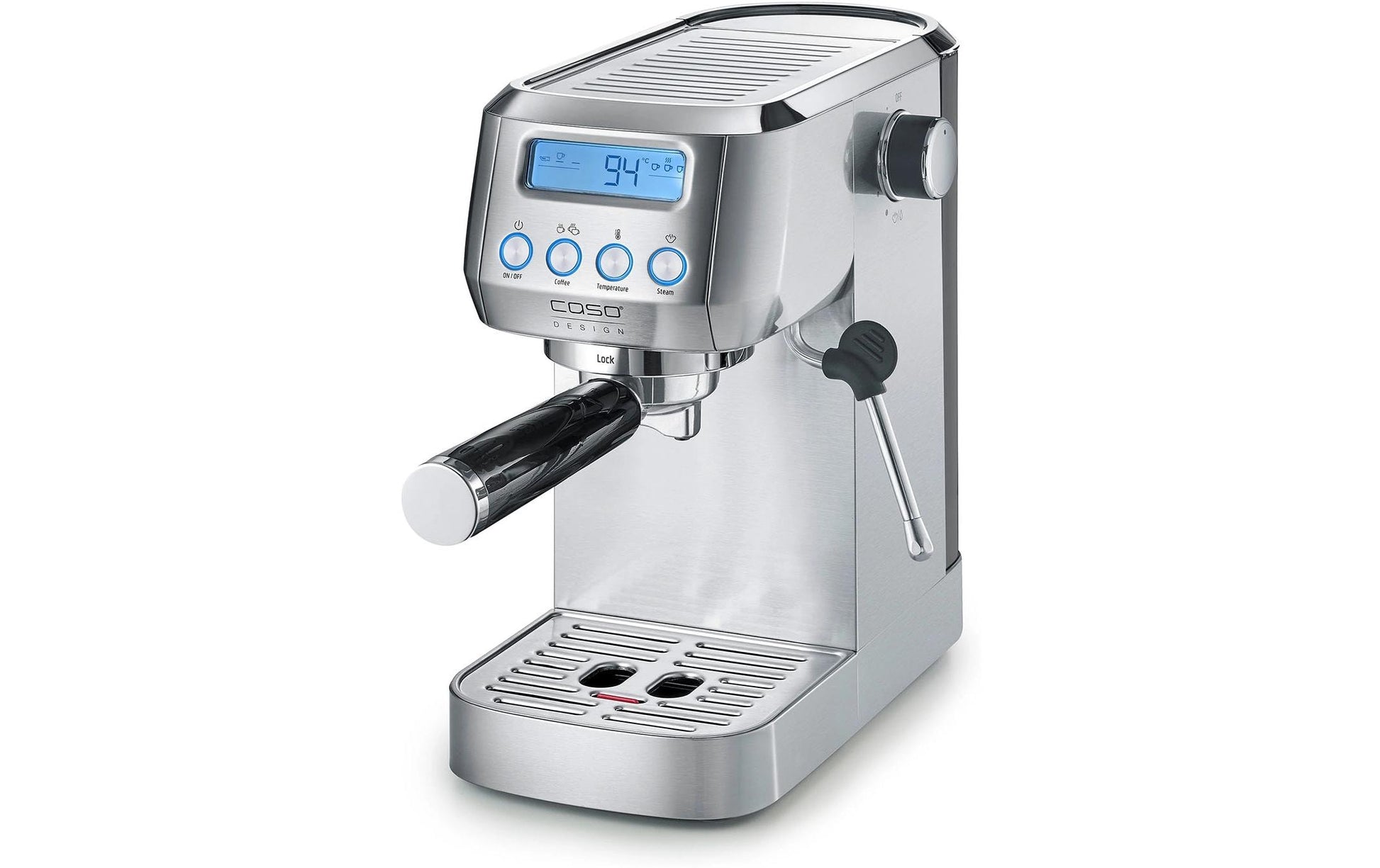 Caso Espressomaschine (Siebträger) – 20 bar, 1,3 l, Milchschaumdüse, Silber, 14,5 × 31 × 32 cm