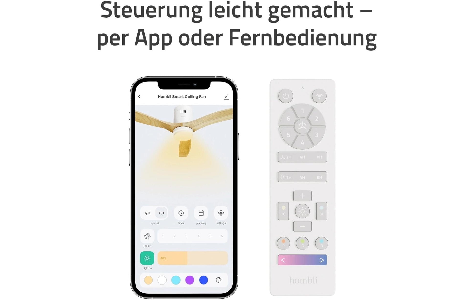 Hombli Smart Deckenventilator & Licht – 132 cm, App-Steuerung (WLAN), Weiss/Hellbraun