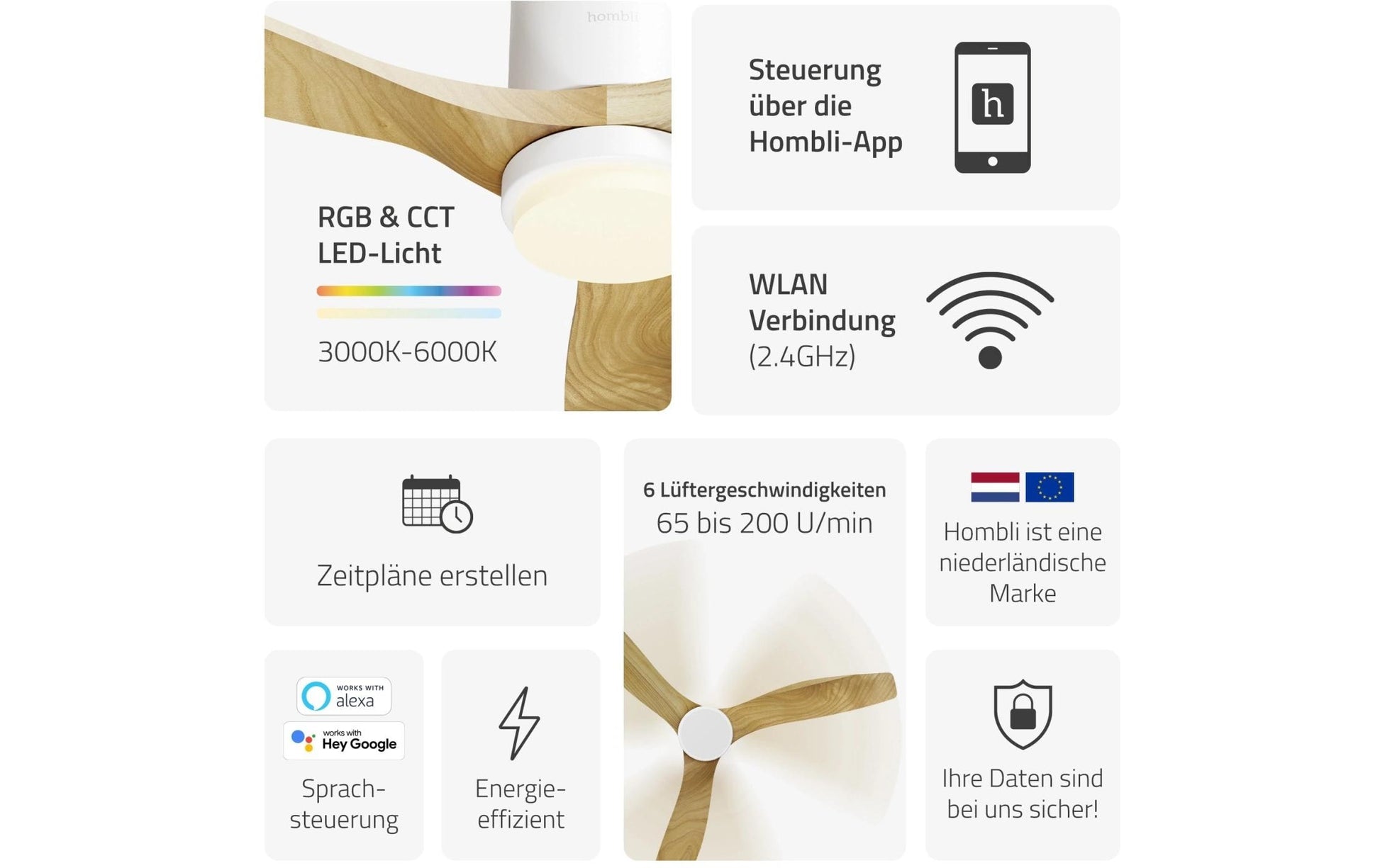 Hombli Smart Deckenventilator & Licht – 132 cm, App-Steuerung (WLAN), Weiss/Hellbraun