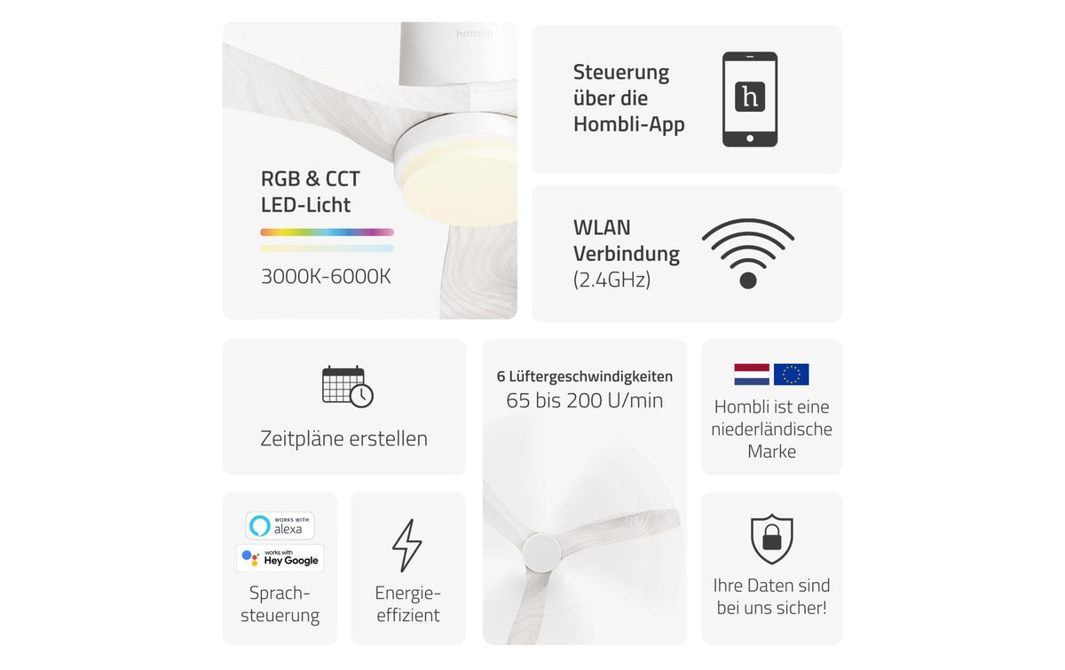Hombli Smart Deckenventilator & Licht – 132 cm, App-Steuerung (WLAN), 43 dB(A), Weiss