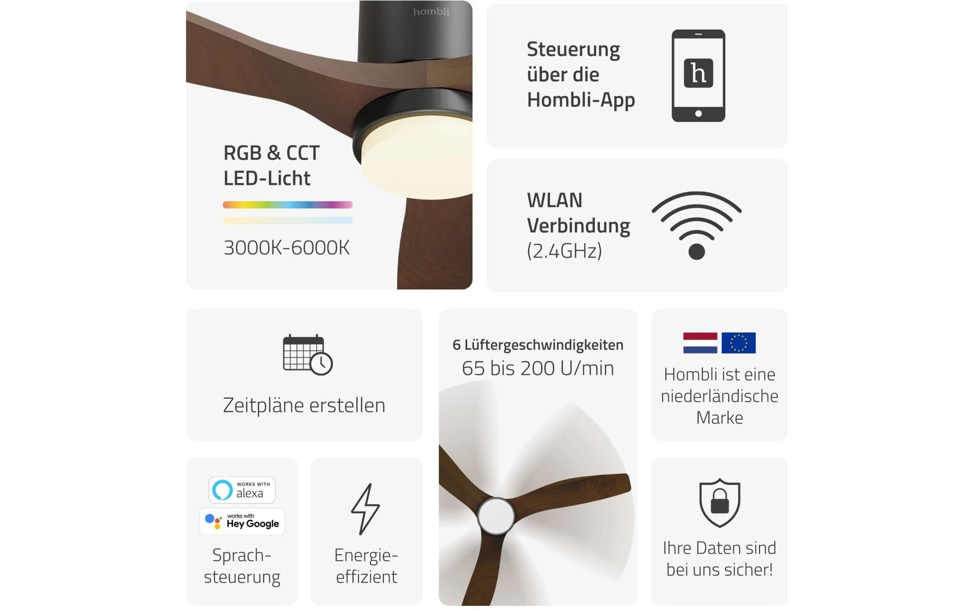 Hombli Deckenventilator – 132 cm, App-Steuerung (WLAN), 43 dB(A), Dunkelbraun