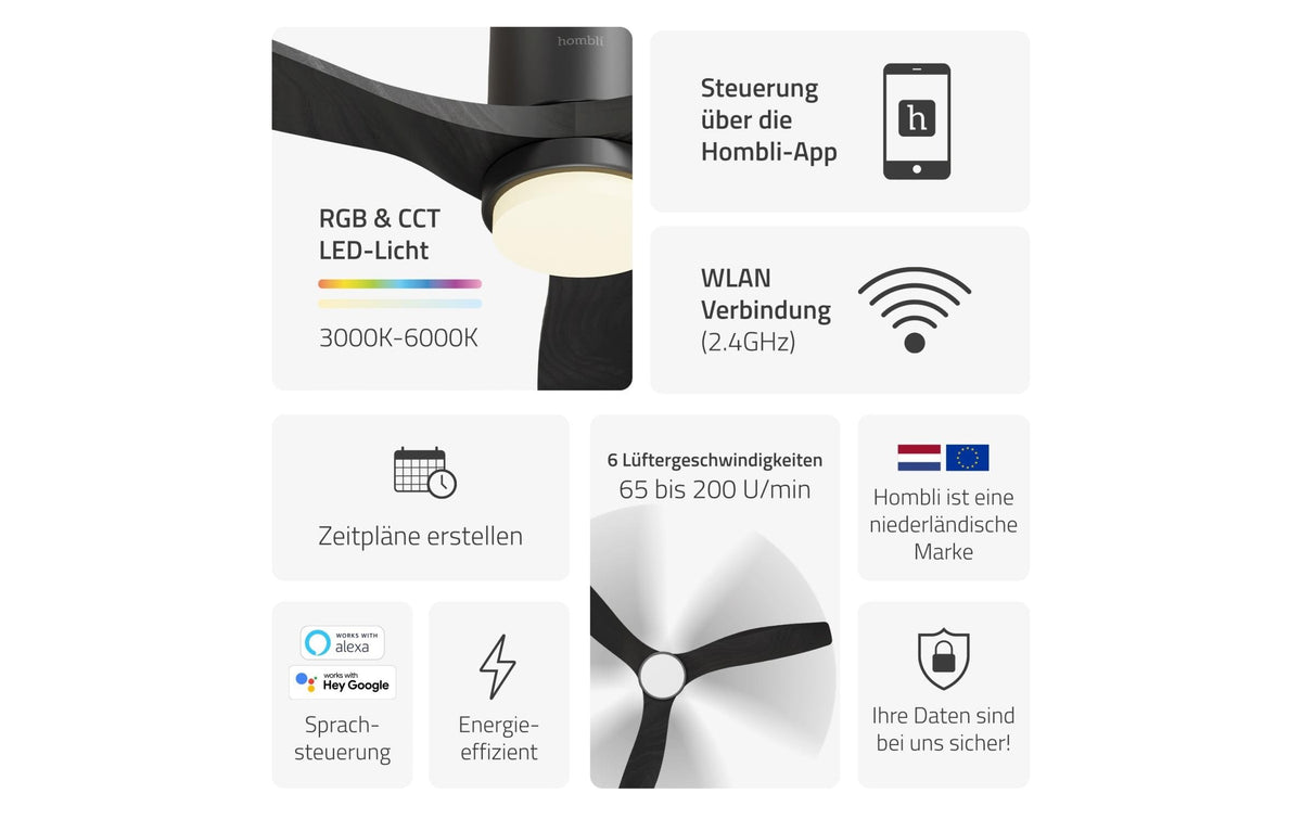 Hombli Deckenventilator – 132 cm, App-Steuerung (WLAN), 43 dB(A), Schwarz