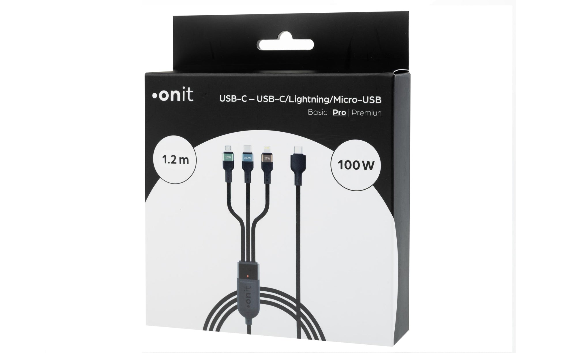 Onit Multi-Kabel – 3-in-1 USB-C auf USB-C/Lightning/Micro-USB 1,2 m, PD 100 W, geflochten – für iPhone/Android
