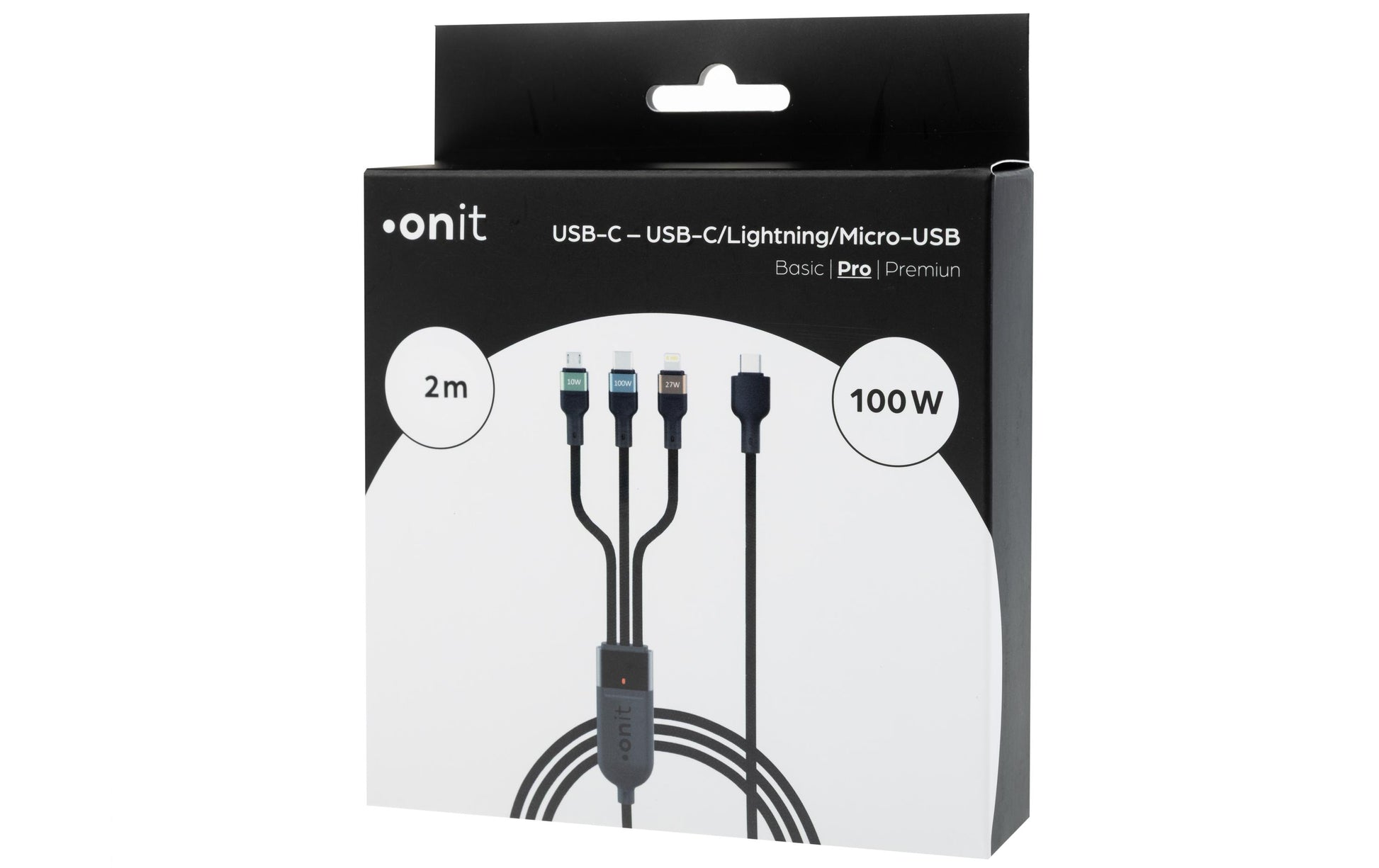 Onit Multi-Kabel – 3-in-1 USB-C auf USB-C/Lightning/Micro-USB 2 m, PD 100 W, geflochten, schwarz