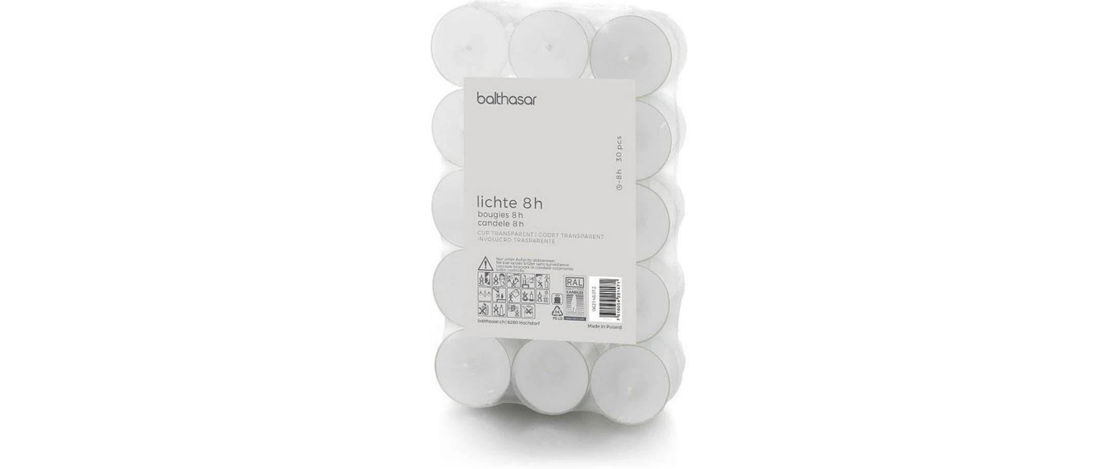 Balthasar Teelichter – 30 Stück – Ø 3,8 × 2,4 cm – Paraffin, Weiss – 8 h Brenndauer