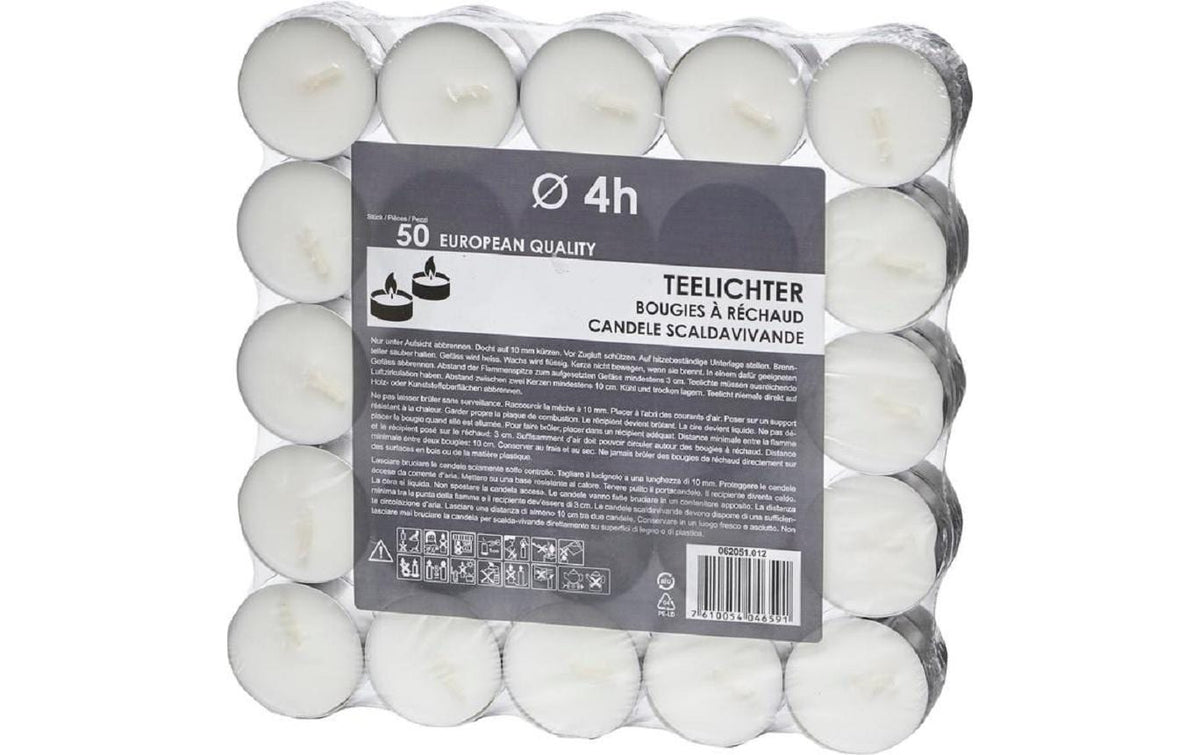 Balthasar Teelichter – 50 Stück – Ø 3,9 × 1,6 cm – Paraffin, Weiss – 4 h Brenndauer