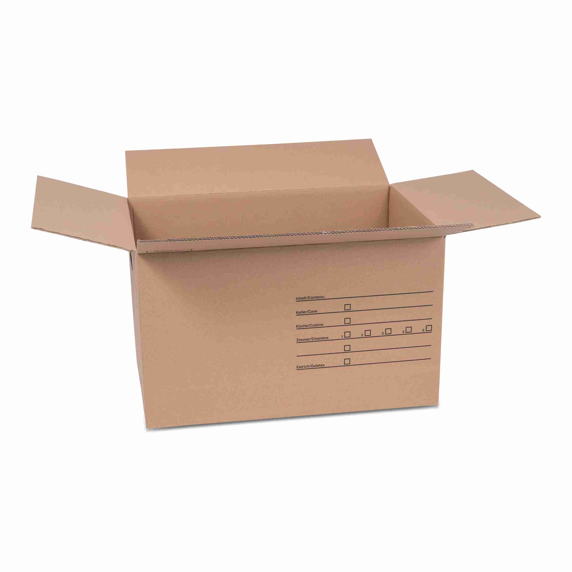 Model Versandbox – 594 × 394 × 350 mm, braun, Wellkarton, mit Grifflöchern, mit Formularfeldern – 1 Stk., ab 30 Stk.