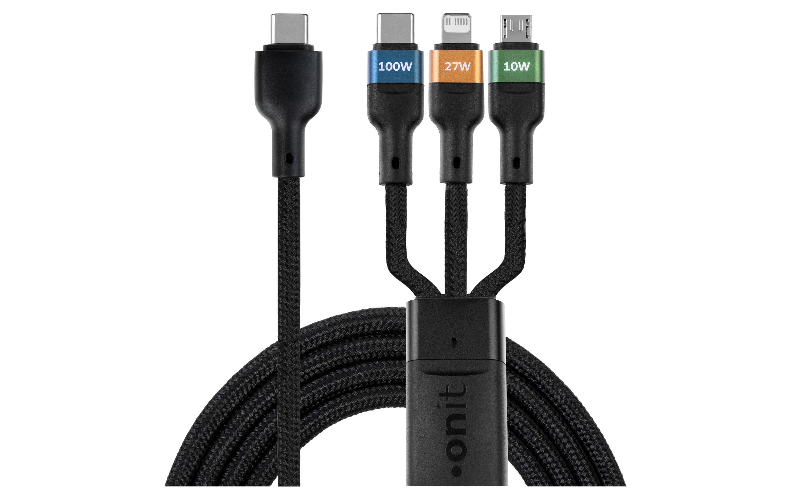 Onit Multi-Kabel – 3-in-1 USB-C auf USB-C/Lightning/Micro-USB 2 m, PD 100 W, geflochten, schwarz