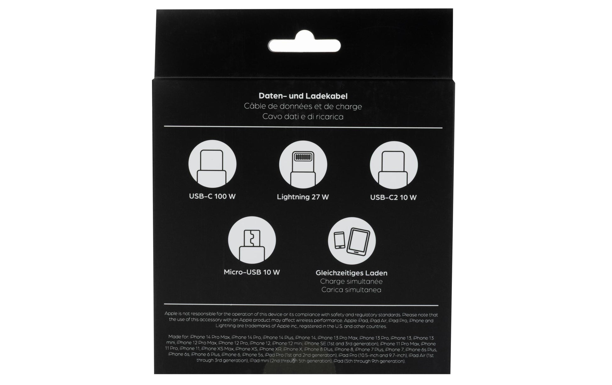 Onit USB-Kabel – USB-C auf Lightning, Micro-USB-B, USB-C – USB 2.0 (480 Mbit/s) – 1,2 m – PD 100 W – Schwarz