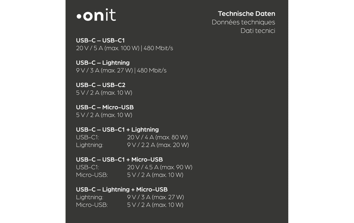 Onit USB-Kabel – USB-C auf Lightning, Micro-USB-B, USB-C – USB 2.0 (480 Mbit/s) – 1,2 m – PD 100 W – Schwarz