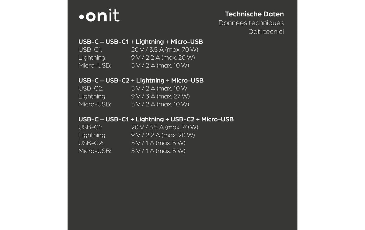 Onit USB-Kabel – USB-C auf Lightning, Micro-USB-B, USB-C – USB 2.0 (480 Mbit/s) – 1,2 m – PD 100 W – Schwarz
