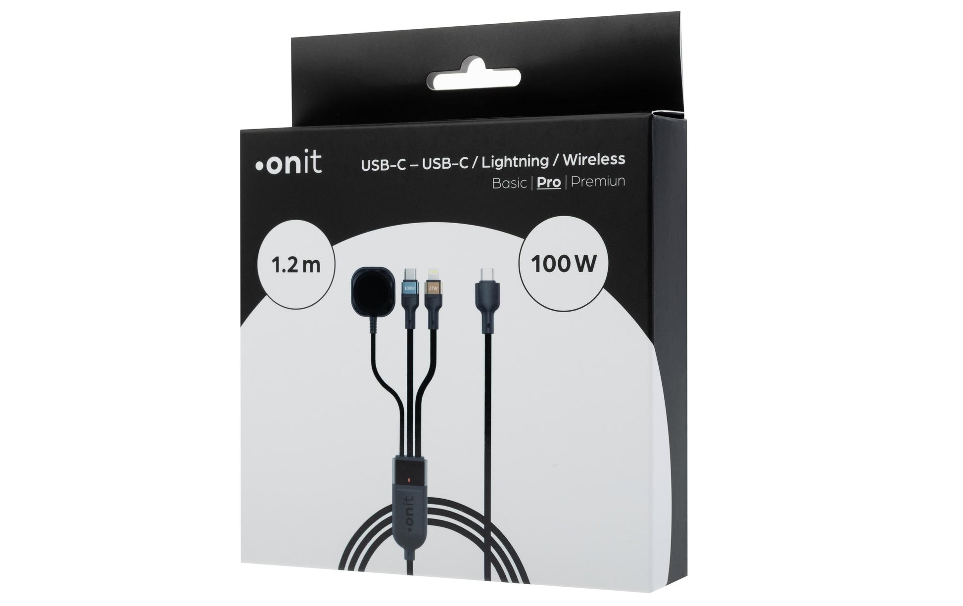 Onit Multi-Kabel – 3-in-1 USB-C auf USB-C/Lightning/Spezial 1,2 m, geflochten, Schwarz – für iPhone/Android