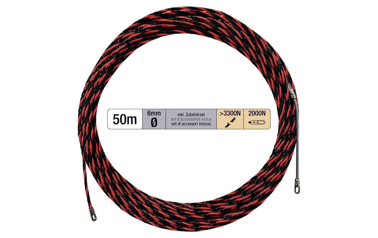 Steffen Einzugshilfe, Ø 6 mm × 50 m, PET, mit Suchfeder – Rot/Schwarz