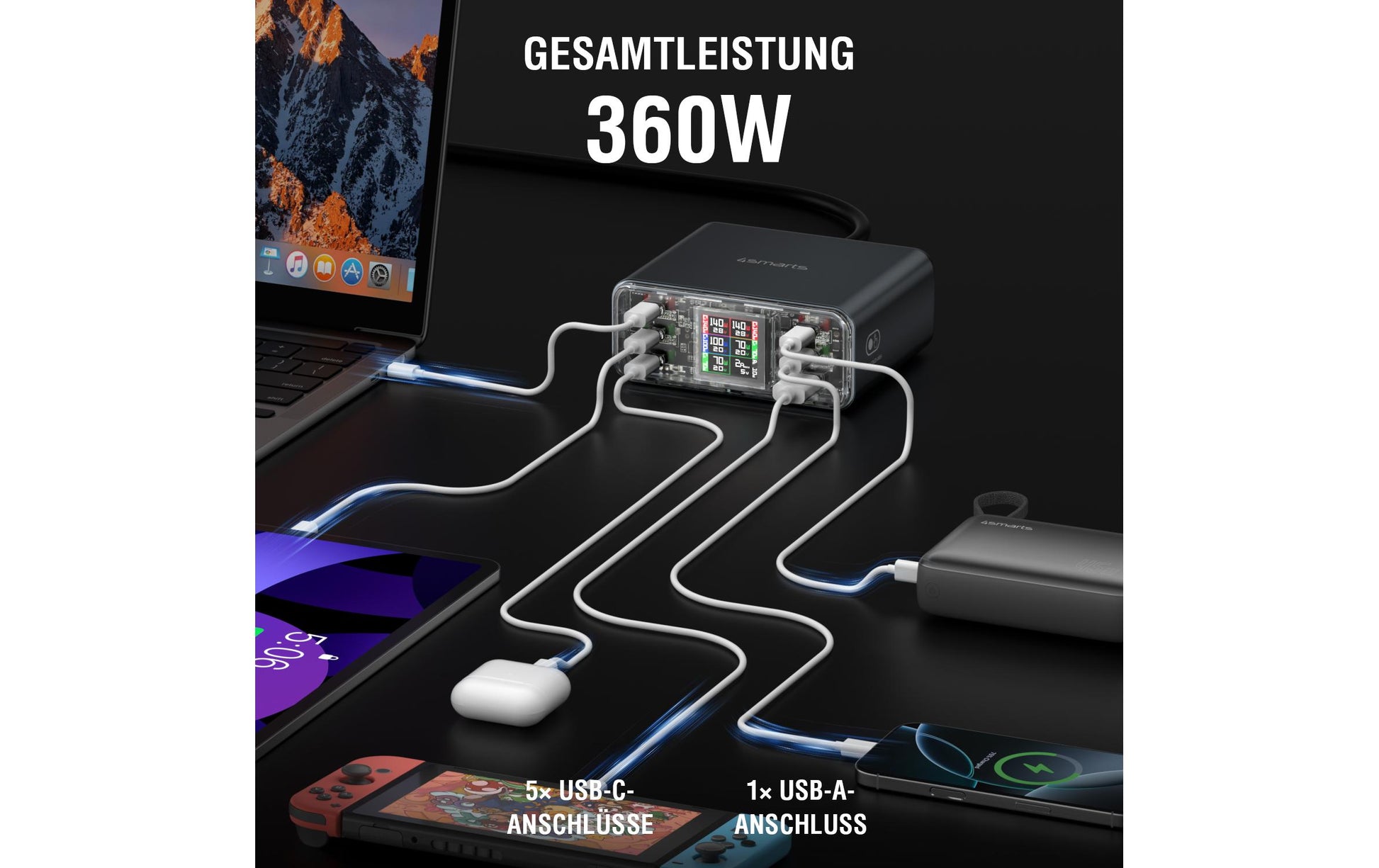 4smarts Lucid USB-Desktop-Ladegerät 360 W – USB-Ports×6, GaN – CH-Stecker (T13) – Grau