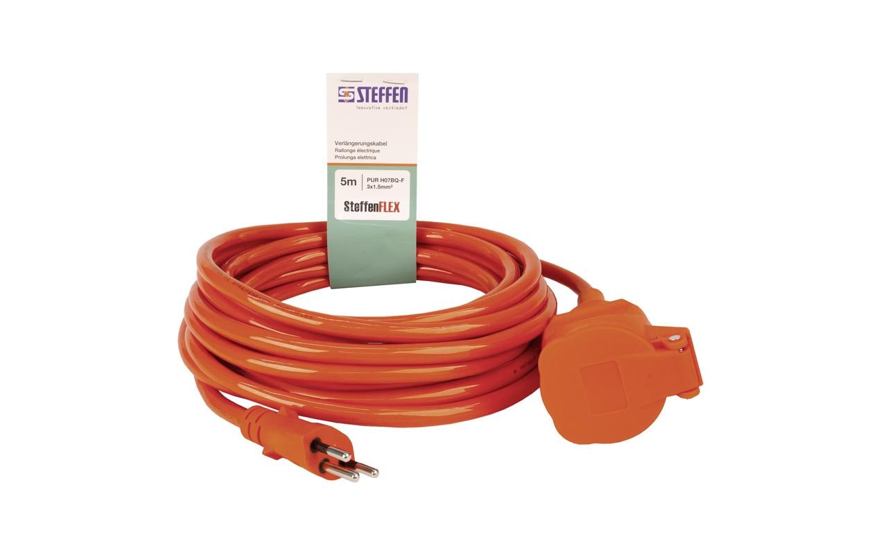 Steffen Verlängerungskabel T12–T13, 5 m, IP44, 1,5 mm², mit Kinderschutz, angespritzt – Orange