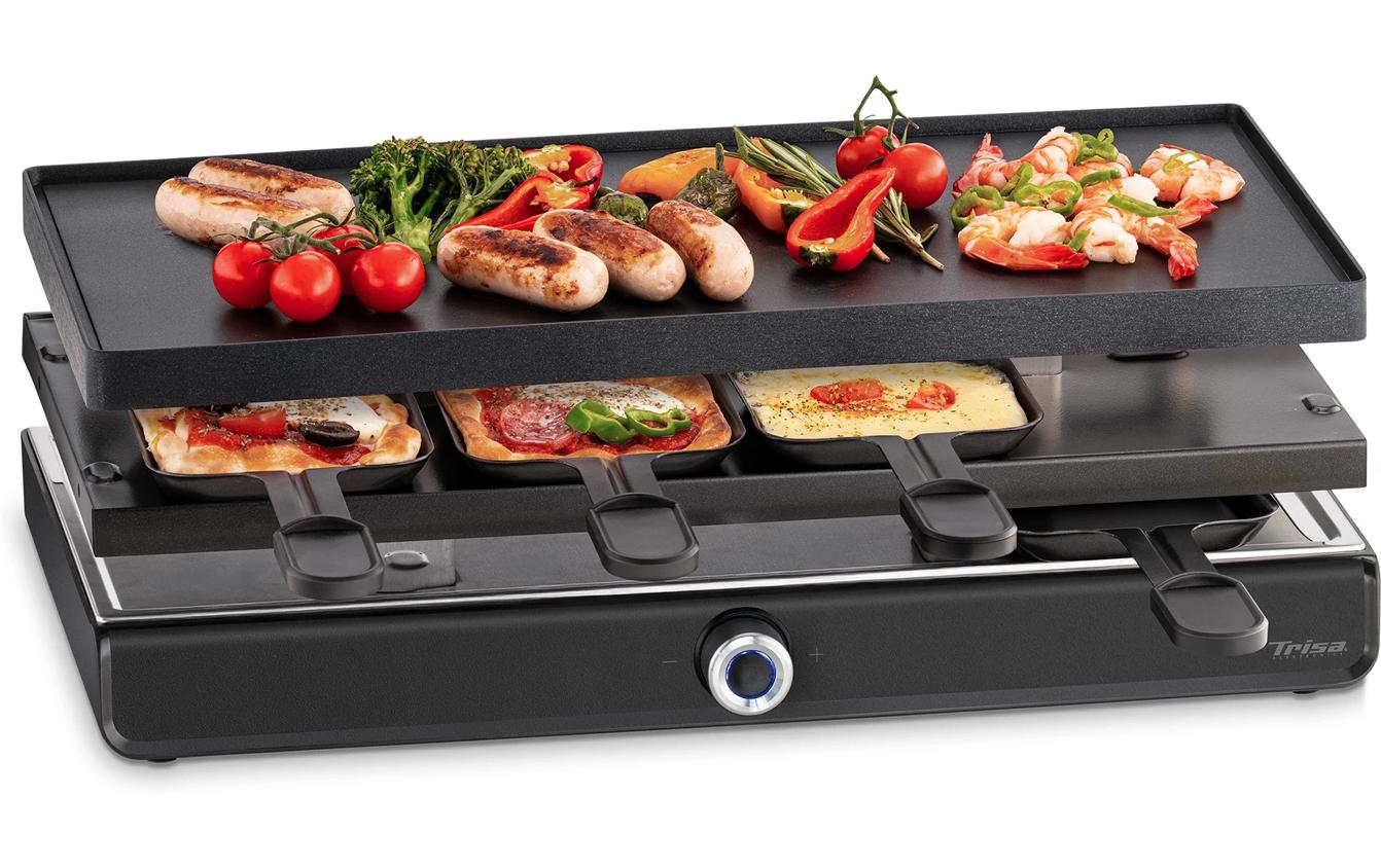 Trisa Electronics Trisa Raclette-Grill Pizza per Tutti – 8 Personen, 1900 W, Aluguss-Grillplatte, antihaftbeschichtet – schwarz
