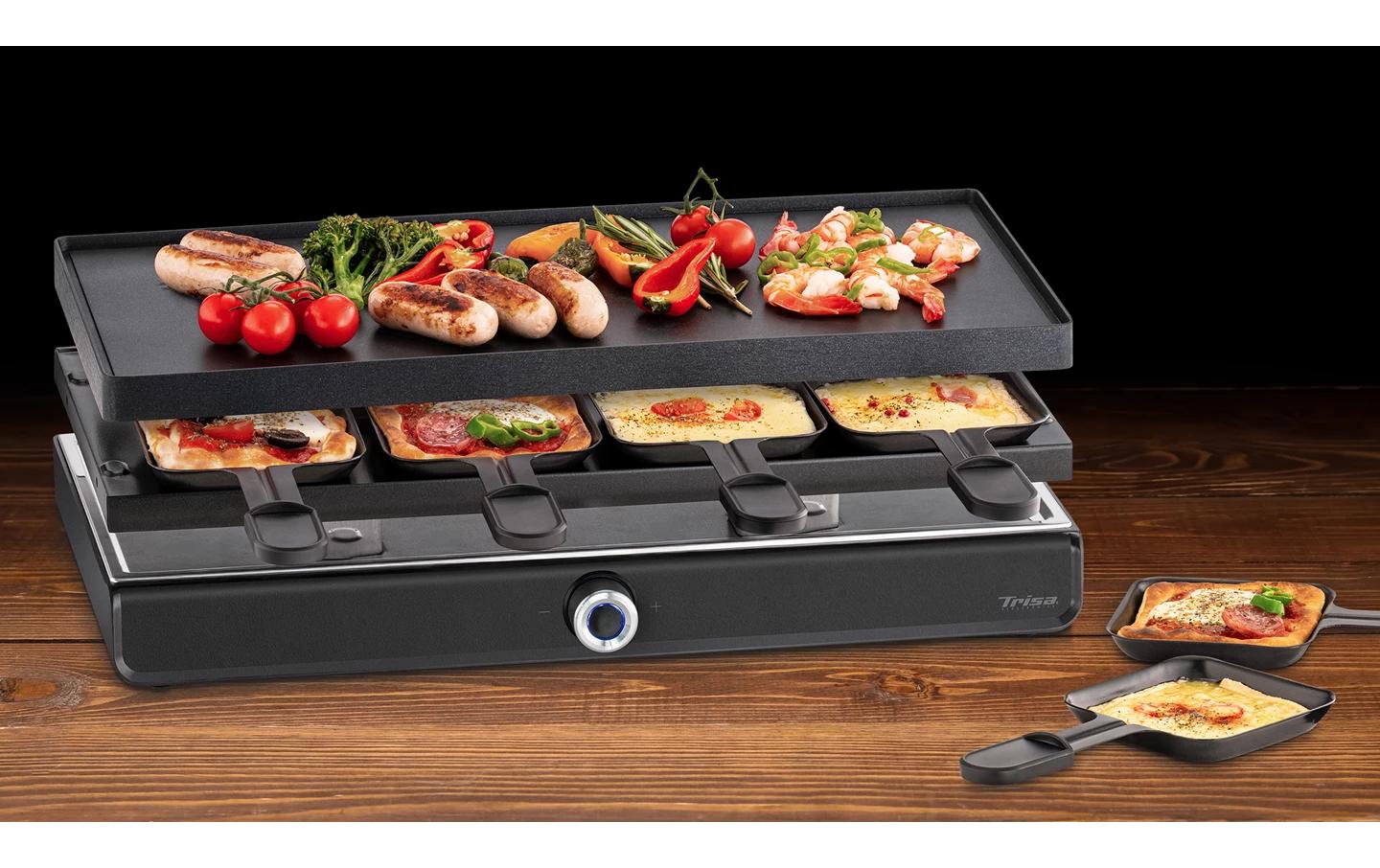 Trisa Electronics Trisa Raclette-Grill Pizza per Tutti – 8 Personen, 1900 W, Aluguss-Grillplatte, antihaftbeschichtet – schwarz