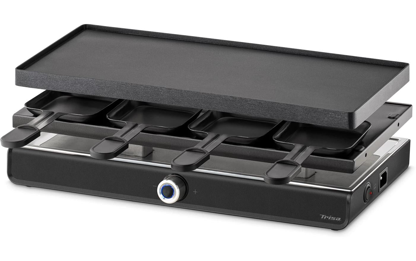 Trisa Electronics Trisa Raclette-Grill Pizza per Tutti – 8 Personen, 1900 W, Aluguss-Grillplatte, antihaftbeschichtet – schwarz