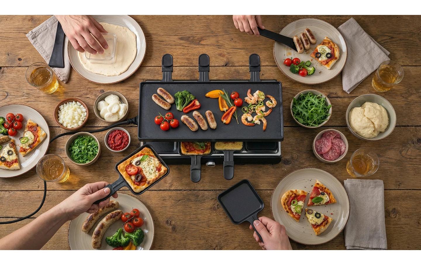 Trisa Electronics Trisa Raclette-Grill Pizza per Tutti – 8 Personen, 1900 W, Aluguss-Grillplatte, antihaftbeschichtet – schwarz