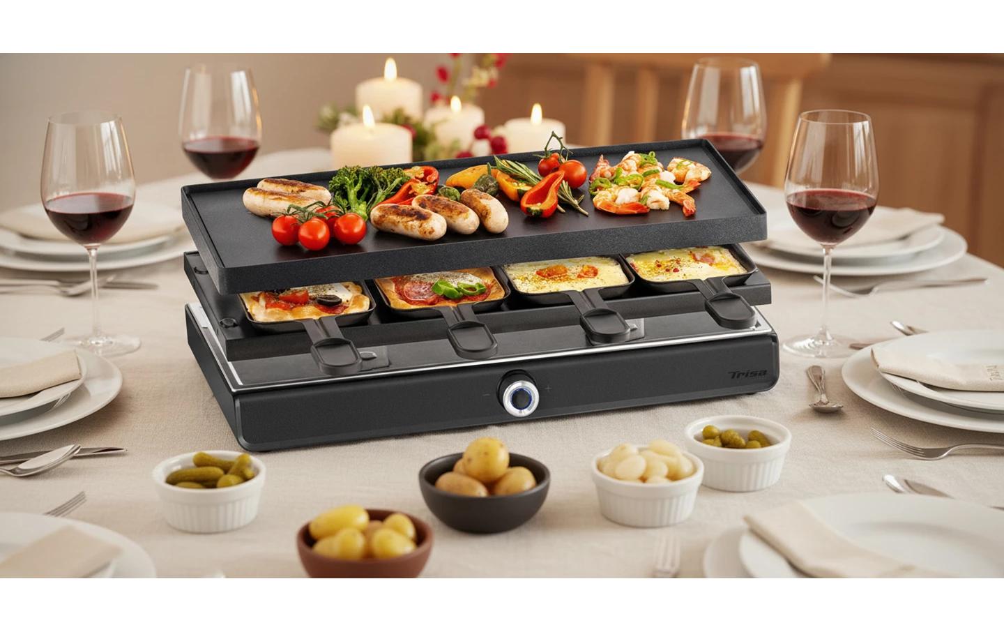 Trisa Electronics Trisa Raclette-Grill Pizza per Tutti – 8 Personen, 1900 W, Aluguss-Grillplatte, antihaftbeschichtet – schwarz