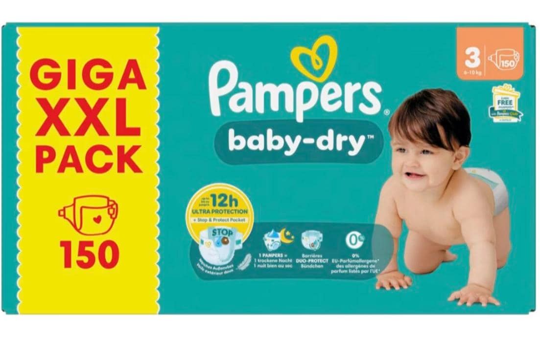 Pampers Baby Dry Windeln – Grösse 3 (6–10 kg) – 150 Stück – weiss