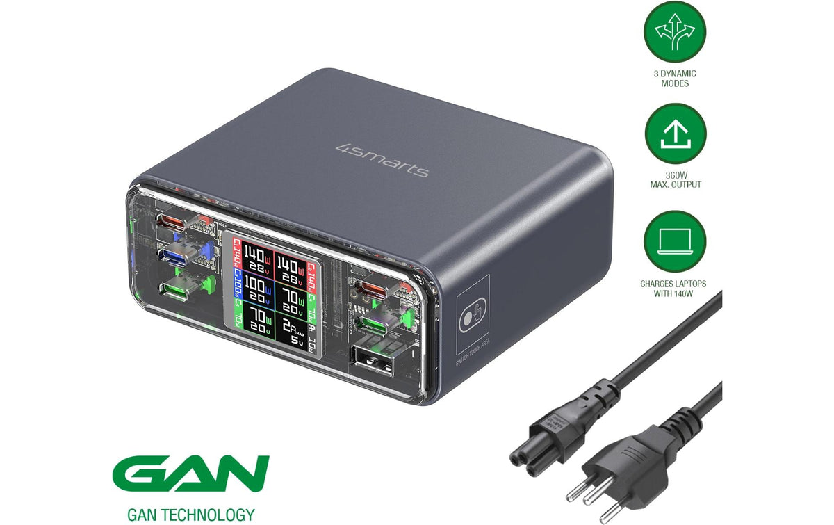 4smarts Lucid USB-Desktop-Ladegerät 360 W – USB-Ports×6, GaN – CH-Stecker (T13) – Grau