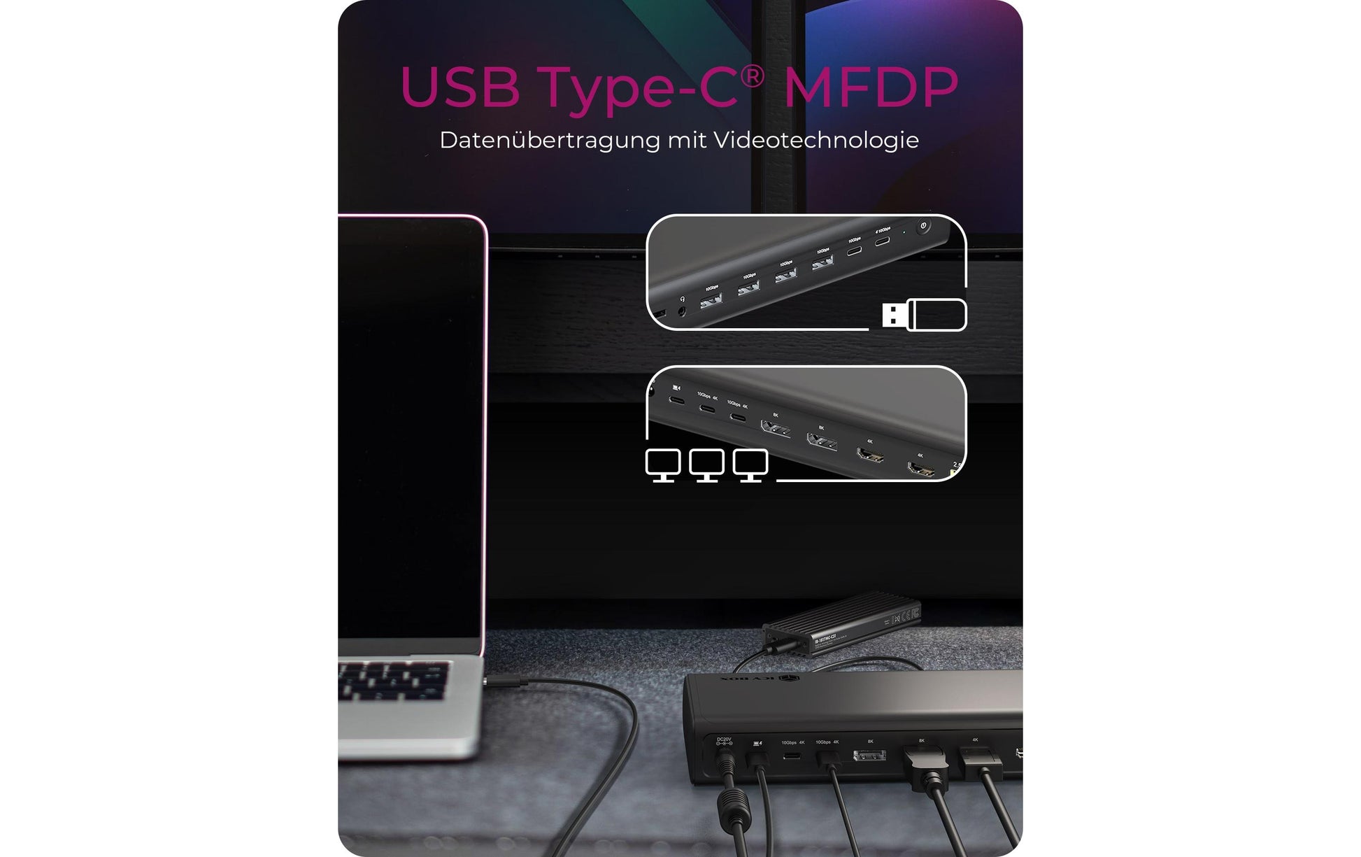 RaidSonic IB-DK7401-CU31 Dockingstation – USB-C, 2× DP, 2× HDMI, 4× USB-A, 4× USB-C, 2,5GbE, 3,5 mm Audio