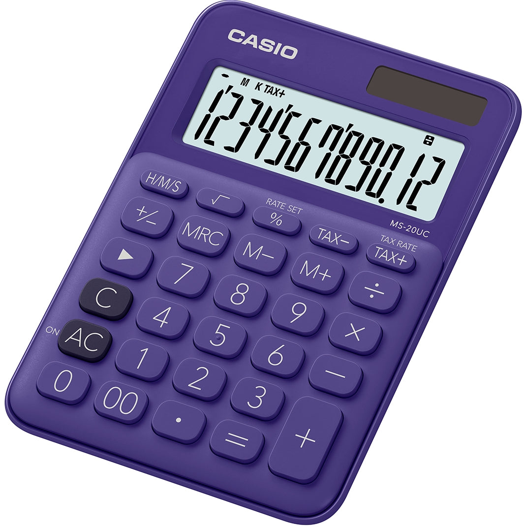 Casio Tischrechner MS-20UC – 12-stellig, Prozent/Währung, Solar + Batterie, Violett, 105×150×23 mm