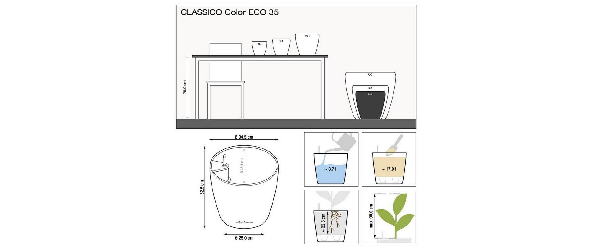 LECHUZA CLASSICO Eco 60 Pflanzkübel – 90 l, automatische Bewässerung – Kunststoff, Grau