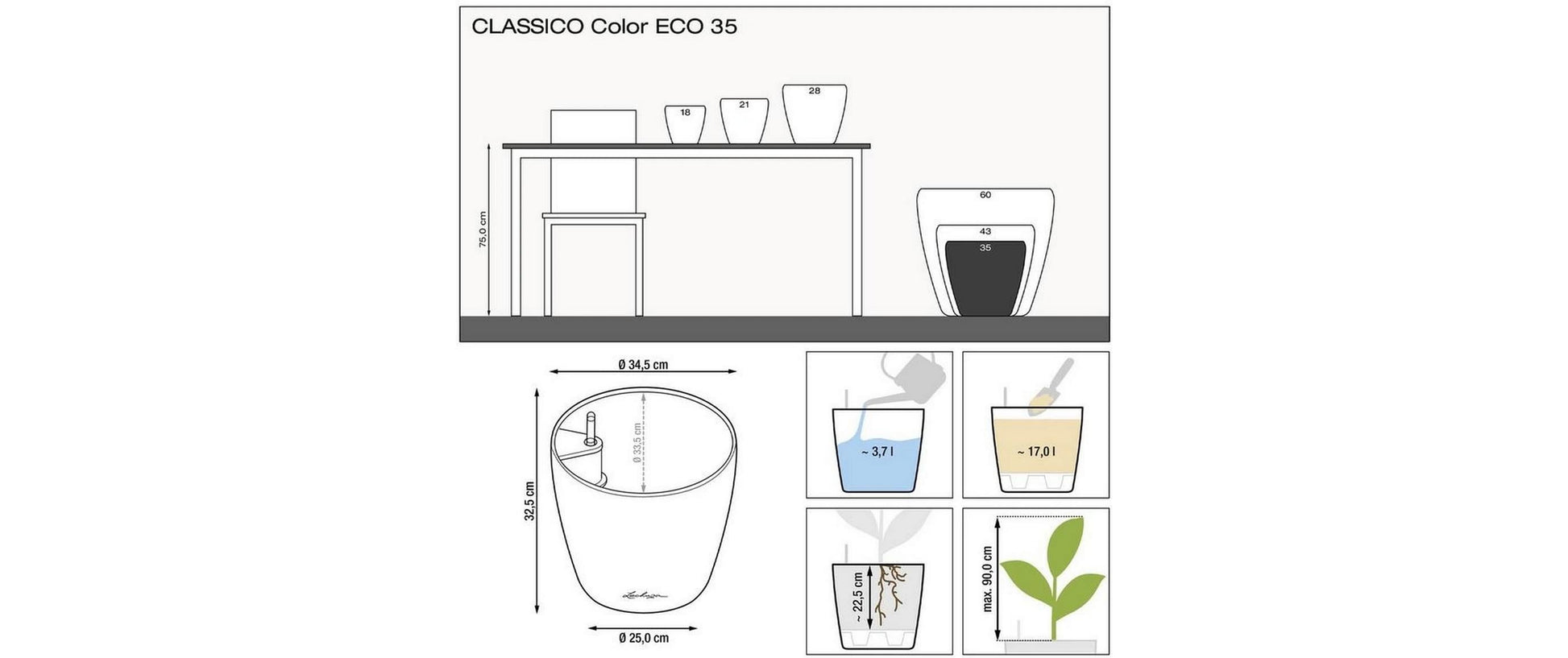 LECHUZA CLASSICO Eco 35 – Pflanzgefäss mit automatischer Bewässerung, 17 l – Kunststoff, grau