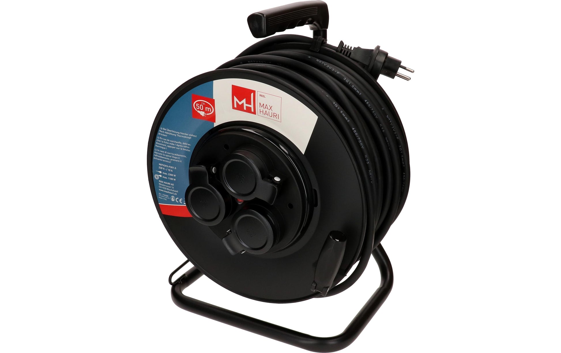 Max Hauri AG Max Hauri Kabelrolle, 50 m, 3×T13, IP44, Thermoschutz, Drehkontakt – Schwarz