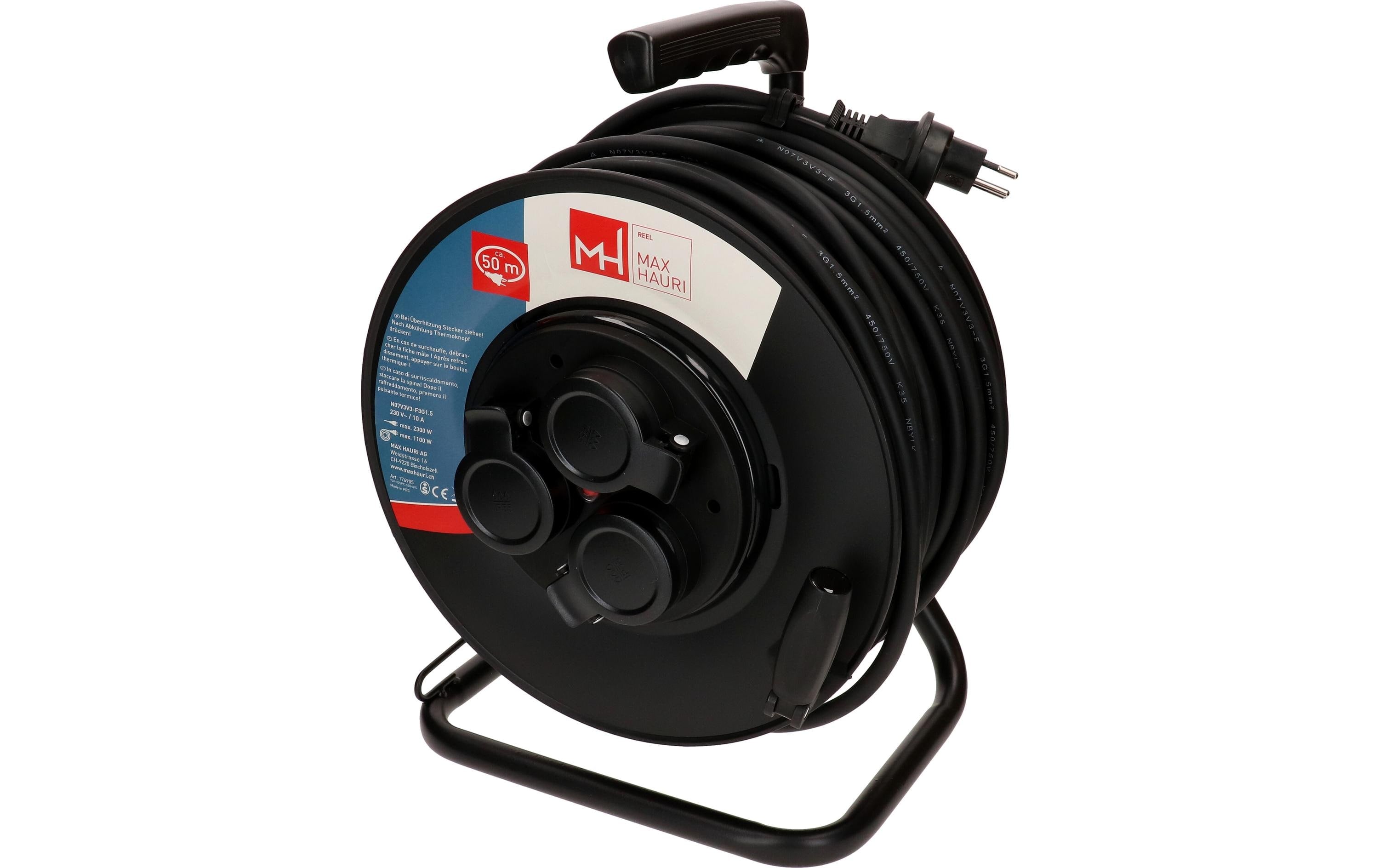 Max Hauri AG Max Hauri Kabelrolle, 50 m, 3×T13, IP44, Thermoschutz, Drehkontakt – Schwarz