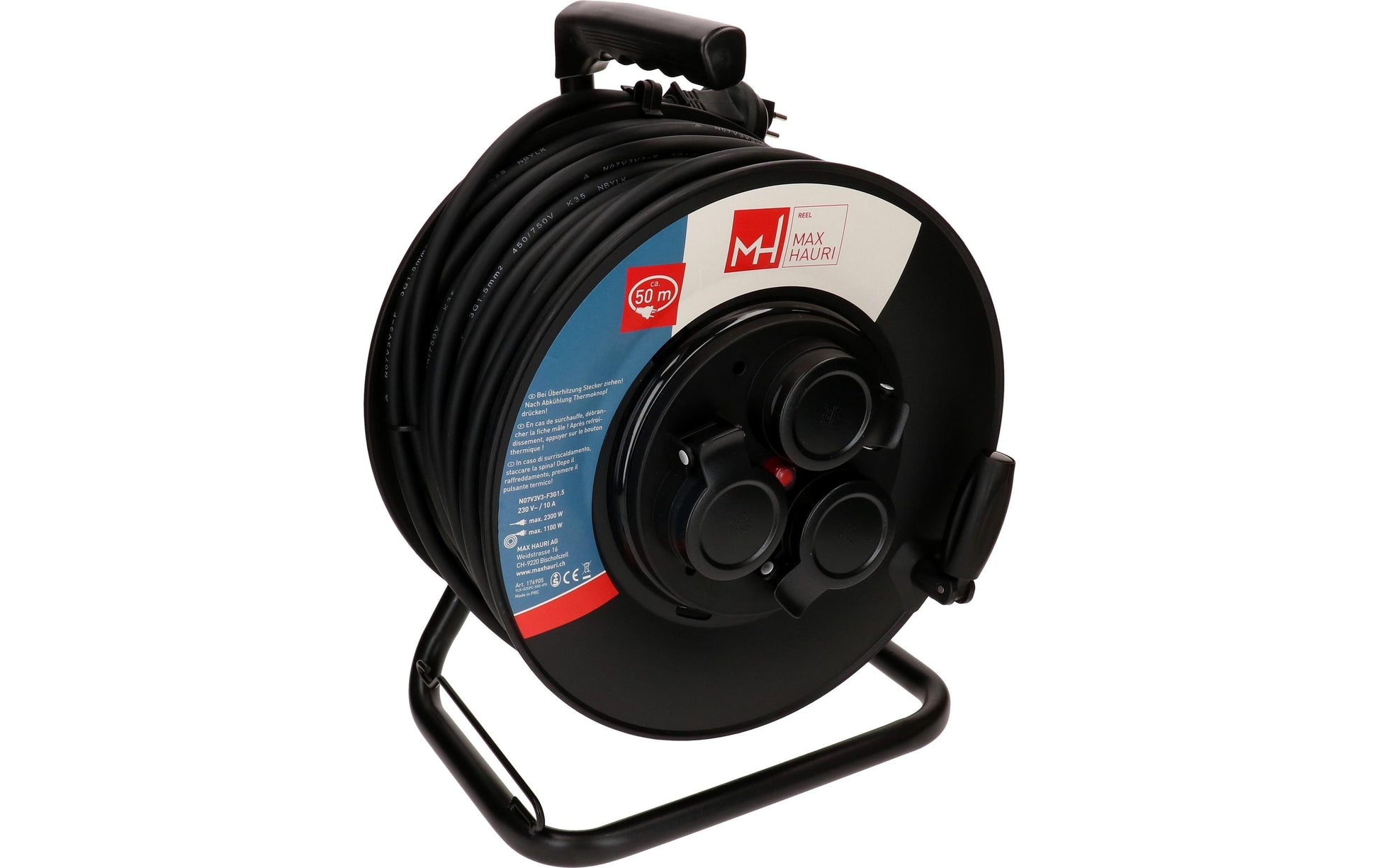 Max Hauri AG Max Hauri Kabelrolle, 50 m, 3×T13, IP44, Thermoschutz, Drehkontakt – Schwarz