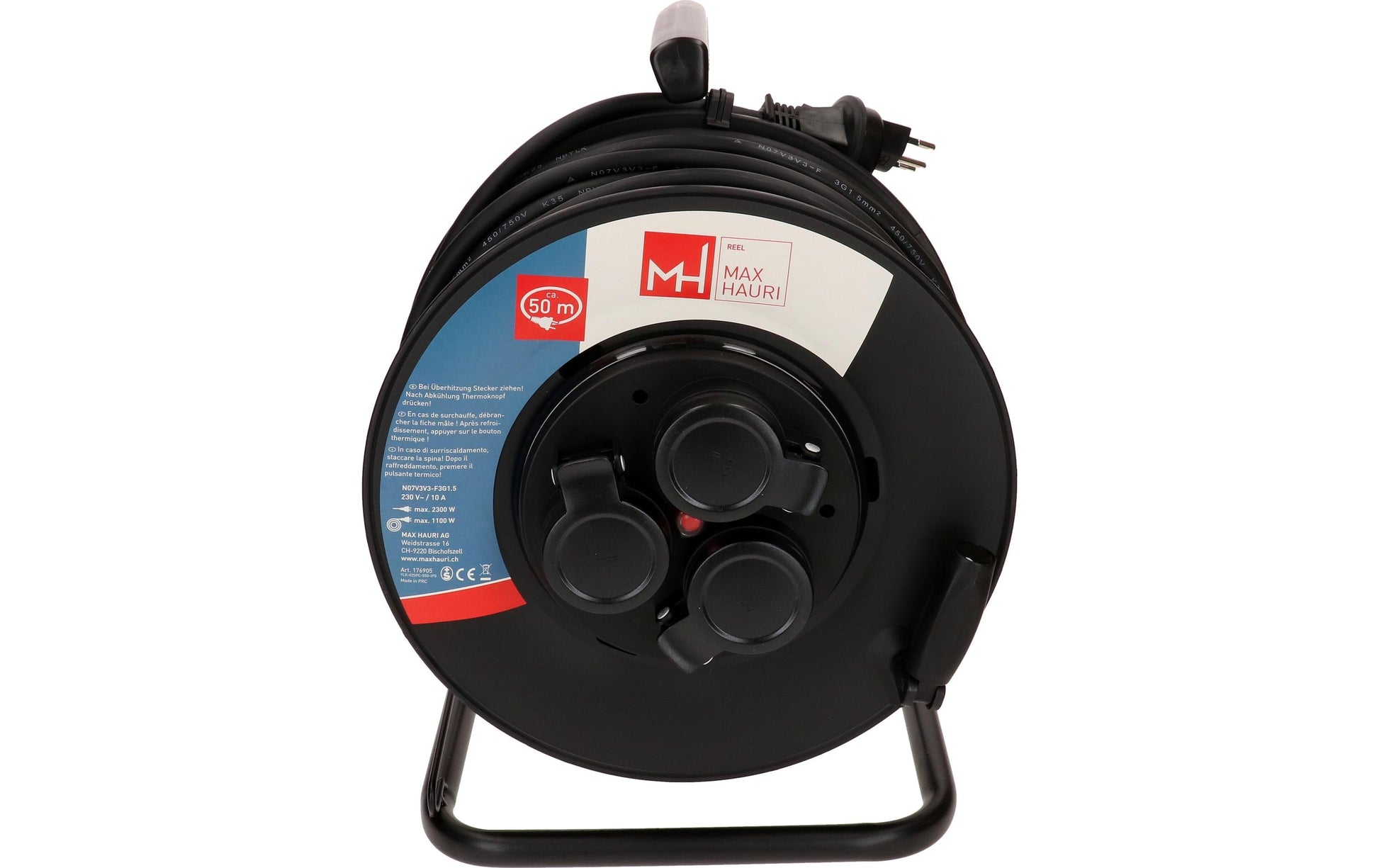 Max Hauri AG Max Hauri Kabelrolle, 50 m, 3×T13, IP44, Thermoschutz, Drehkontakt – Schwarz
