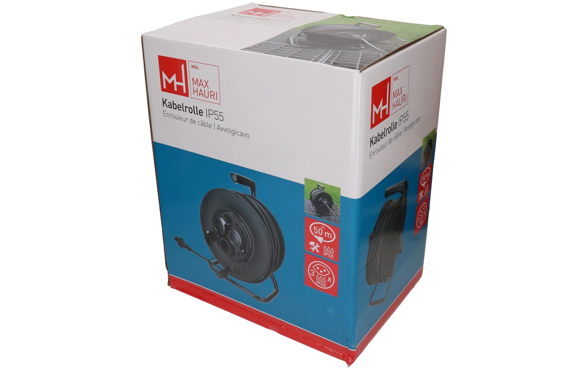 Max Hauri AG Max Hauri Kabelrolle, 50 m, 3×T13, IP44, Thermoschutz, Drehkontakt – Schwarz